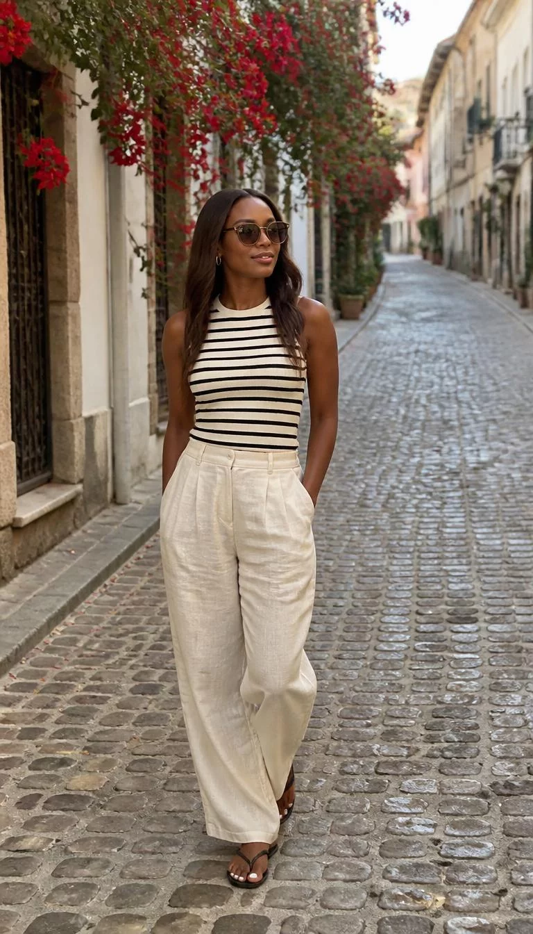 Black And White Striped Top With Cream Linen Trousers A photorealistic full body shot of a 30-year-old Black African woman with a pear-shaped face, fair, rounded nose, thin arched eyebrows, and full lips. Her face features faint freckles across the nose, light freckles, and subtle natural facial asymmetry. She has upturned dark brown eyes, high cheekbones, broad smile, thoughtful. She is athletic build with long brunette hair and is wearing a black and white striped top, cream-colored linen trousers, and sunglasses, on a cobblestone street decorated with red flowers, no people in the background, high-quality mobile photography, shot on an iPhone 14.
