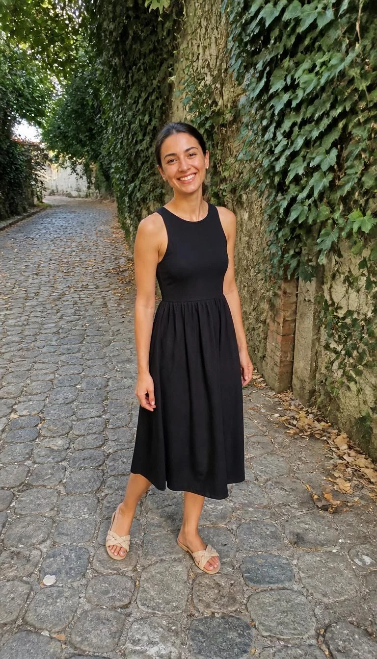 Black Sleeveless Midi Length Dress And Beige Sandals A photorealistic full body shot of a 32-year-old Mediterranean woman with a diamond face, deep brown, broad nose, feathered eyebrows, and heart-shaped lips. Her face features faint freckles across the nose, visible pores, and subtle natural facial asymmetry. She has monolid hazel eyes, high cheekbones, broad smile, cheerful. She is petite with brunette hair pulled back and is wearing a black sleeveless midi-length dress and beige sandals, on a cobblestone path near lush green ivy, no people in the background, high-quality mobile photography, shot on an iPhone 14.