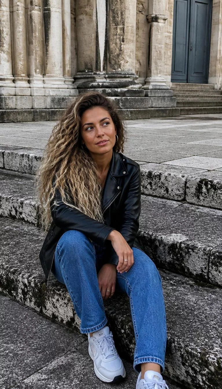 Black Leather Jacket Blue Jeans And Light Sneakers A photorealistic full body shot of a 26-year-old Southern European woman with a square face, tan, rounded nose, feathered eyebrows, and wide lips. Her face features beauty mark near the lip, light freckles, and subtle natural facial asymmetry. She has monolid green eyes, pronounced cheekbones, subtle smile, thoughtful. She is petite with long curly blonde-highlighted hair and is wearing a black leather jacket, blue jeans, and light sneakers, sitting on the stone steps of a historic site, no people in the background, high-quality mobile photography, shot on an iPhone 14.
