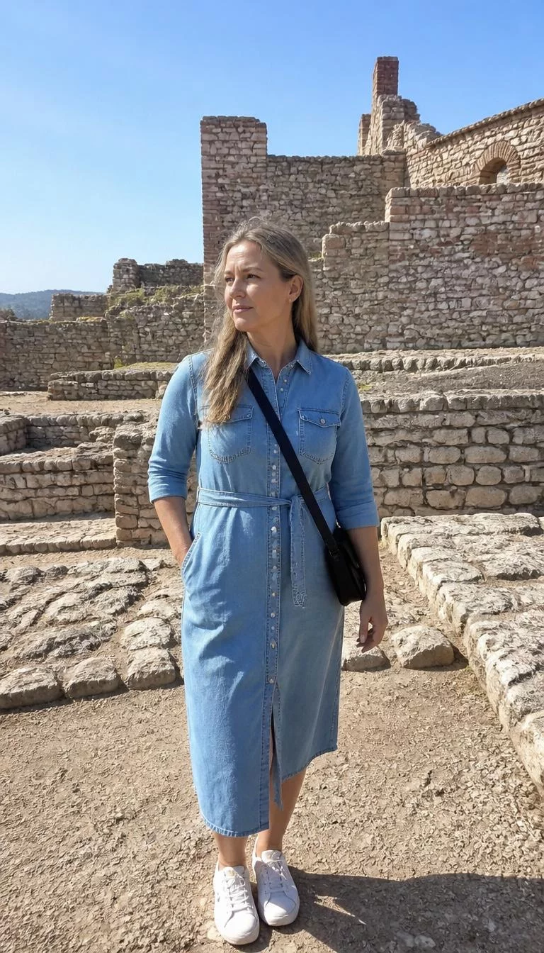 Denim Button Down Midi Dress And Cross Body Bag A photorealistic full body shot of a 45-year-old Mediterranean woman with a pear-shaped face, light, narrow nose, thin arched eyebrows, and thin lips. Her face features slightly crooked smile, a few laugh lines, and subtle natural facial asymmetry. She has upturned gray eyes, high cheekbones, neutral expression, thoughtful. She is athletic build with blonde hair and is wearing a button-down denim midi dress and a cross-body black bag, near an ancient historic stone ruin under a blue sky, no people in the background, high-quality mobile photography, shot on an iPhone 14.