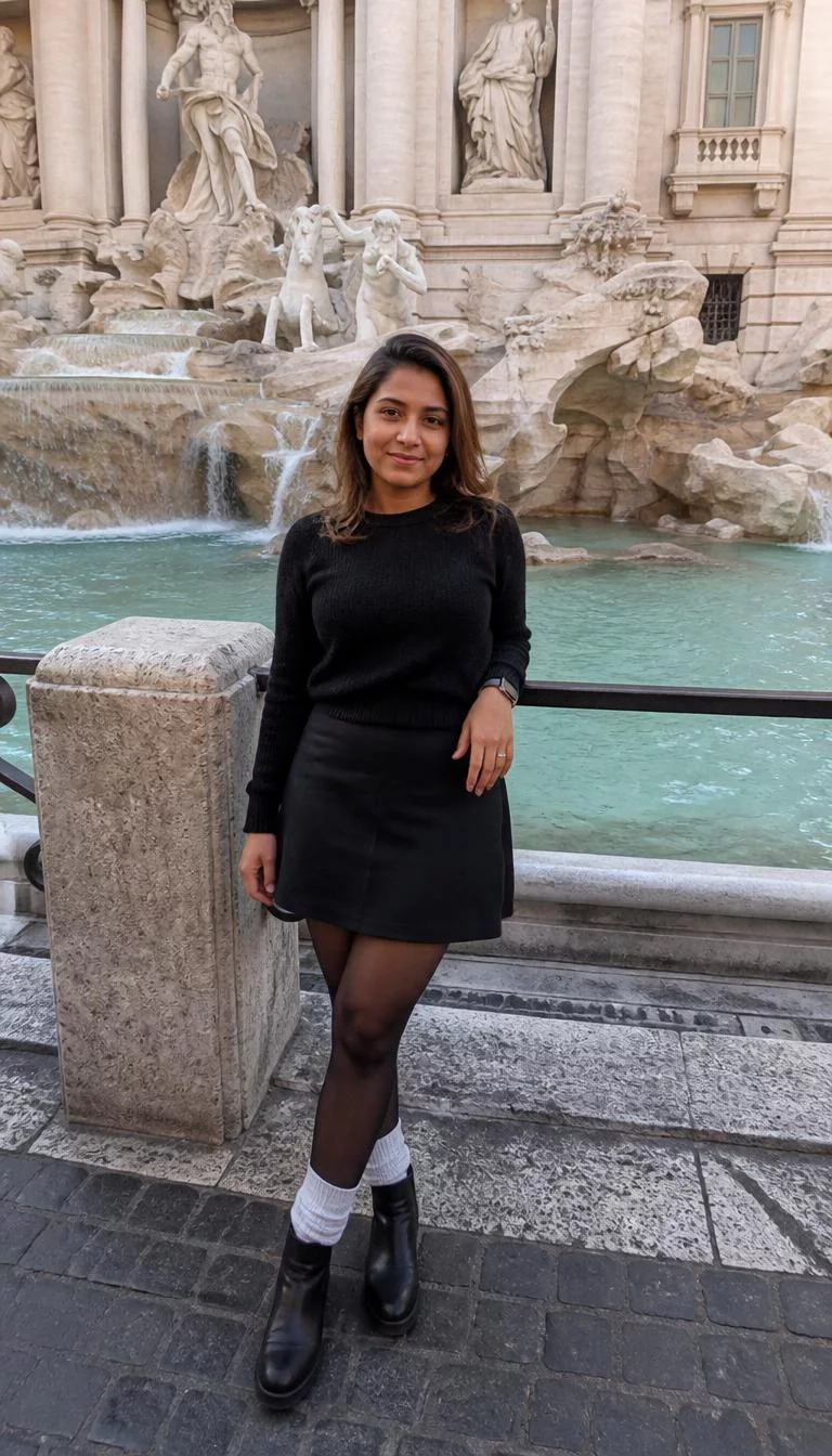 Black Long Sleeved Sweater And Black Skirt With Sheer Tights A photorealistic full body shot of a 39-year-old South Asian woman with a diamond face, light, aquiline nose, thick natural eyebrows, and full lips. Her face features uneven eyebrows, slightly flushed cheeks, and subtle natural facial asymmetry. She has hooded hazel eyes, rounded cheeks, closed-mouth smile, relaxed. She is average build with shoulder-length highlighted hair and is wearing a black long-sleeved sweater, a black skirt, sheer black tights, and white socks with boots, at Rome's Trevi Fountain, no people in the background, high-quality mobile photography, shot on an iPhone 14.