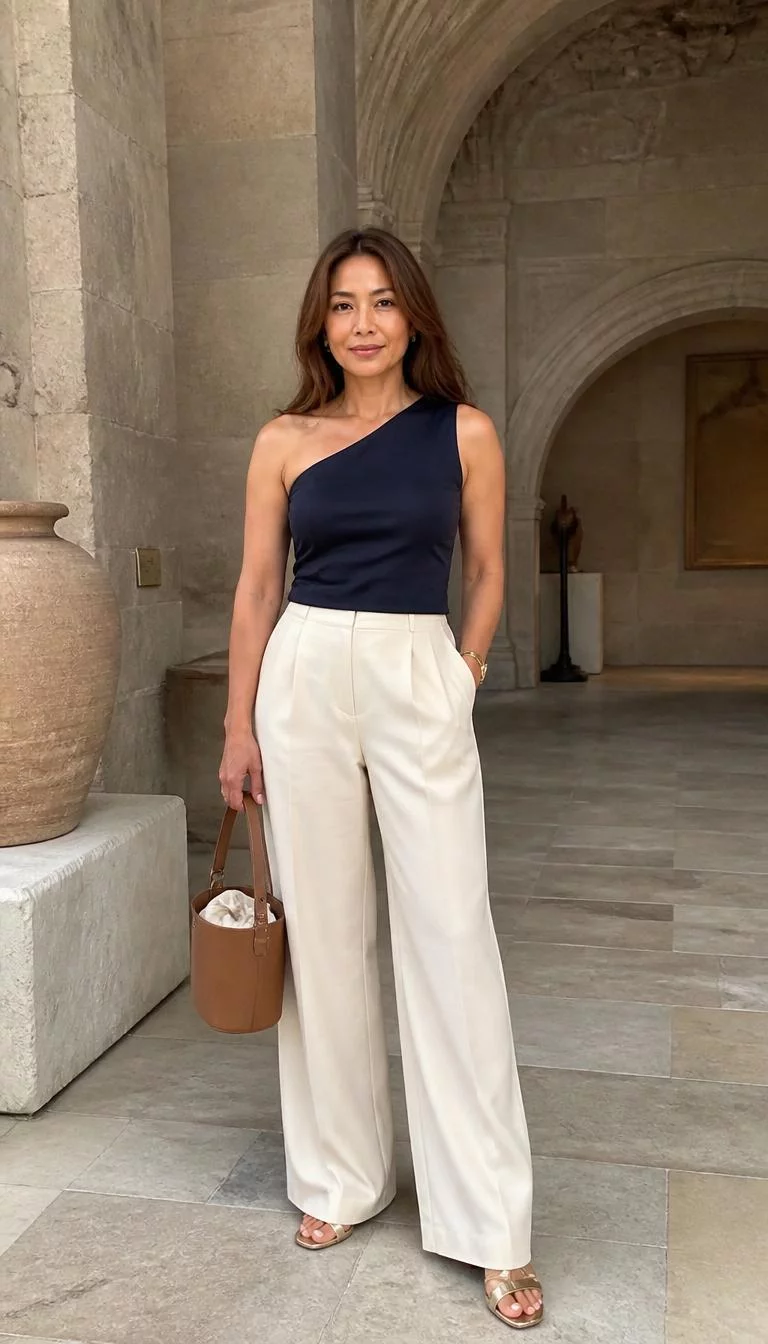 Navy One Shoulder Top And Cream Trousers A photorealistic full body shot of a 48-year-old Southeast Asian woman with a square face, tan, narrow nose, thin arched eyebrows, and thin lips. Her face features beauty mark near the lip, light freckles, and subtle natural facial asymmetry. She has hooded hazel eyes, rounded cheeks, closed-mouth smile, relaxed. She is athletic build with long chestnut-brown hair in a center-parted loose style and is wearing a navy one-shoulder top, cream wide-leg trousers, gold sandals, and carries a bucket bag, elegant stone-arched room, no people in the background, high-quality mobile photography, shot on an iPhone 14.