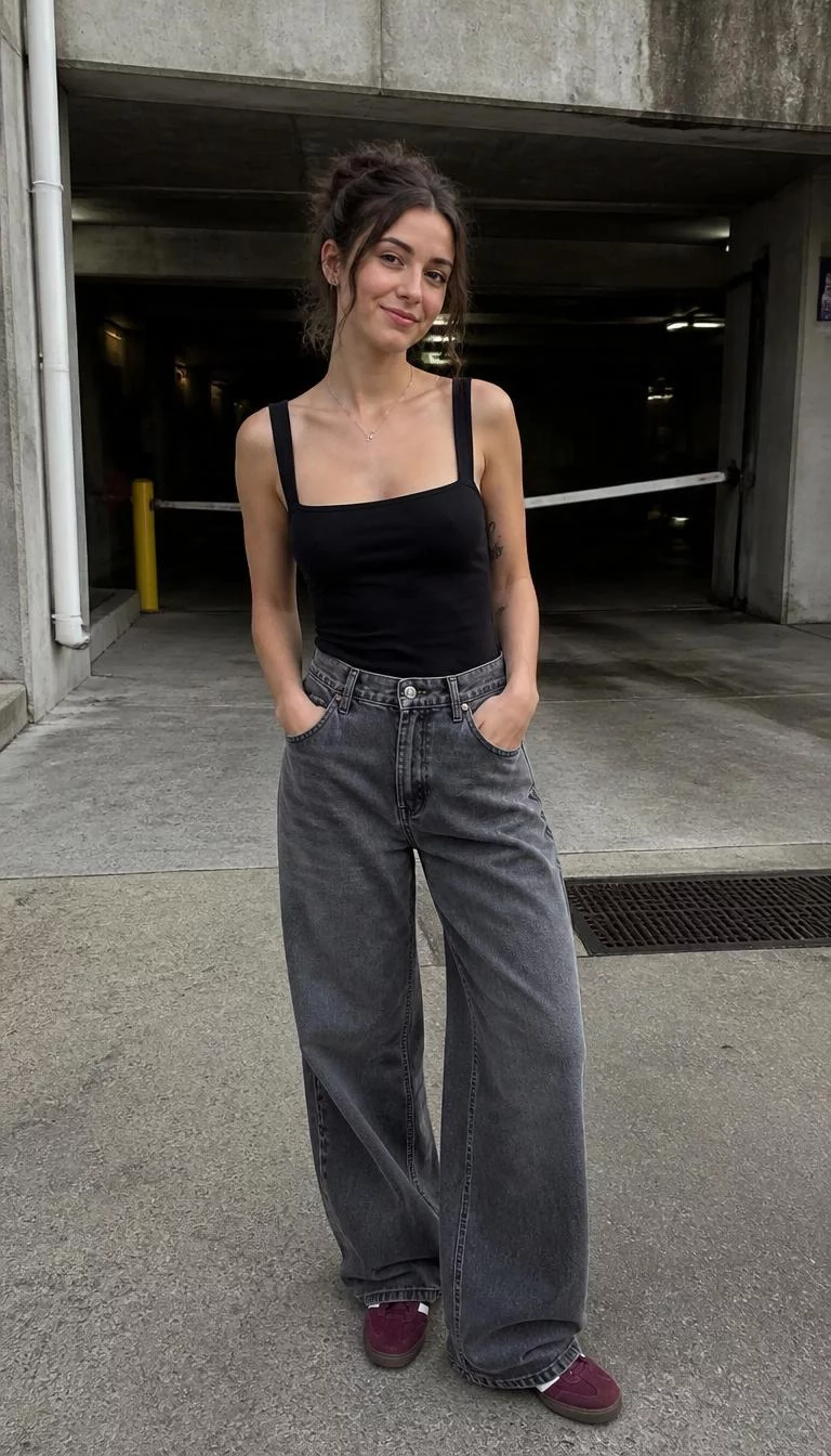 Black Square Neck Tank and Grey Jeans A photorealistic full body shot of a 26-year-old Northern European woman with a heart-shaped face, dark brown, upturned nose, feathered eyebrows, and full lips. Her face features gap between front teeth, visible pores, and subtle natural facial asymmetry. She has round hazel eyes, high cheekbones, closed-mouth smile, playful. She is average build with brunette hair in a messy updo and is wearing a black square-neck tank, grey wide-leg jeans, and burgundy sneakers, concrete urban parking garage entrance, no people in the background, high-quality mobile photography, shot on an iPhone 14.