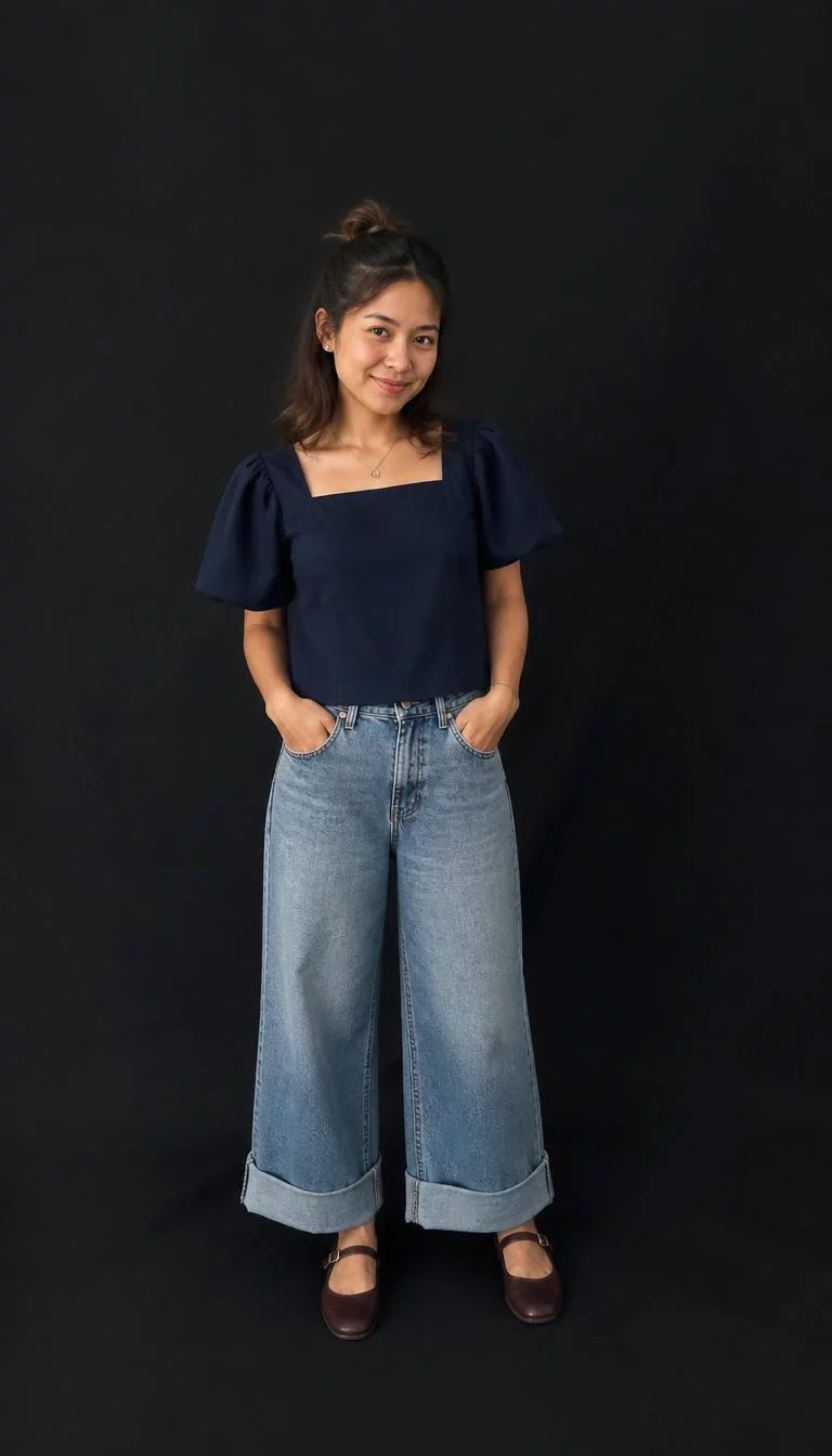 Navy Puff Sleeve Top And Cuffed Jeans A photorealistic full body shot of a 23-year-old Southeast Asian woman with a round face, tan, straight nose, softly curved eyebrows, and wide lips. Her face features widow's peak hairline, light freckles, and subtle natural facial asymmetry. She has downturned gray eyes, pronounced cheekbones, subtle smile, cheerful. She is slim with brunette half-up messy hair and is wearing a navy puff-sleeve top, cuffed wide-leg jeans, and brown Mary Jane shoes, plain black background, no people in the background, high-quality mobile photography, shot on an iPhone 14.