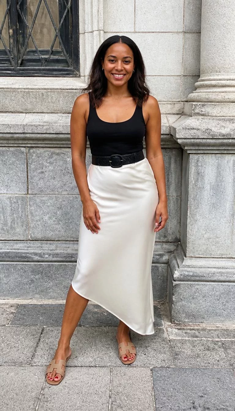Black Tank And Cream Asymmetrical Skirt A photorealistic full body shot of a 34-year-old Black African woman with a oval face, olive, aquiline nose, softly curved eyebrows, and heart-shaped lips. Her face features widow's peak hairline, subtle acne marks, and subtle natural facial asymmetry. She has round brown eyes, pronounced cheekbones, broad smile, cheerful. She is slim with dark brown parted wavy hair and is wearing a black tank top, a cream-colored asymmetrical midi skirt with a wide black belt, and sandals, front of a stone building, no people in the background, high-quality mobile photography, shot on an iPhone 14.