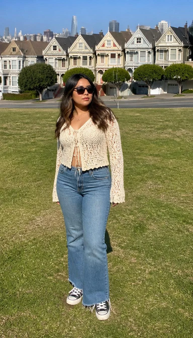 Cream Crochet Cardigan And Blue Jeans A photorealistic full body shot of a 24-year-old Latina woman with a oblong face, fair, rounded nose, thick natural eyebrows, and heart-shaped lips. Her face features dimples, a few laugh lines, and subtle natural facial asymmetry. She has upturned hazel eyes, pronounced cheekbones, neutral expression, thoughtful. She is curvy build with long chestnut-brown wavy hair and is wearing a cream crochet tie-front cardigan, blue jeans, and sunglasses, lawn in San Francisco with Painted Ladies background, no people in the background, high-quality mobile photography, shot on an iPhone 14.