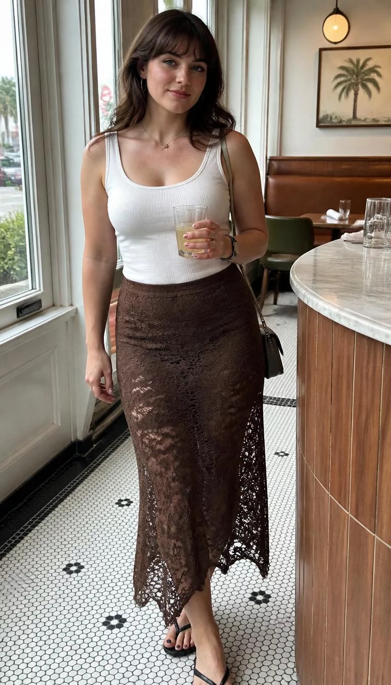 White Tank Top And Brown Lace Maxi Skirt A photorealistic full body shot of a 33-year-old Northern European woman with a square face, light, narrow nose, thin arched eyebrows, and wide lips. Her face features uneven eyebrows, subtle acne marks, and subtle natural facial asymmetry. She has hooded gray eyes, soft cheekbones, closed-mouth smile, playful. She is curvy build with dark brown hair in a shoulder-length blowout with bangs and is wearing a white tank top and a brown lace maxi skirt, holding a drink inside a bright bistro, no people in the background, high-quality mobile photography, shot on an iPhone 14.