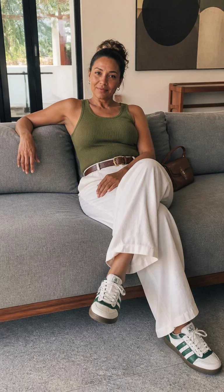 Olive Tank Top And White Trousers A photorealistic full body shot of a 45-year-old Afro-Caribbean woman with a heart-shaped face, tan, straight nose, softly curved eyebrows, and wide lips. Her face features slightly crooked smile, subtle acne marks, and subtle natural facial asymmetry. She has upturned blue eyes, rounded cheeks, subtle smile, relaxed. She is average build with dark brown hair in a loose messy updo and is wearing a ribbed olive tank top, white trousers, matching brown belt and handbag, and green-striped sneakers, sitting on a couch, no people in the background, high-quality mobile photography, shot on an iPhone 14.