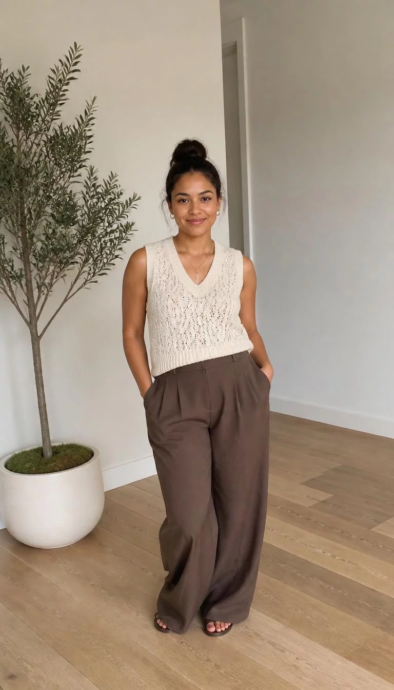 Patterned Knit Vest And Brown Trousers A photorealistic full body shot of a 25-year-old Mixed-race woman with a round face, dark brown, rounded nose, straight eyebrows, and thin lips. Her face features beauty mark near the lip, a few laugh lines, and subtle natural facial asymmetry. She has upturned dark brown eyes, rounded cheeks, closed-mouth smile, cheerful. She is athletic build with brunette hair in a messy bun and is wearing a patterned cream knit vest, wide-leg brown trousers, and sandals, bright minimalist room with a potted olive tree, no people in the background, high-quality mobile photography, shot on an iPhone 14.