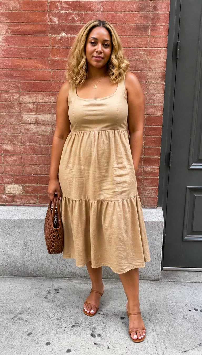 Linen Shorts And Tiered Dresses A photorealistic full body shot of a 35-year-old Afro-Caribbean woman with a heart-shaped face, olive, straight nose, thick natural eyebrows, and full lips. Her face features slightly crooked smile, a few laugh lines, and subtle natural facial asymmetry. She has almond-shaped hazel eyes, rounded cheeks, neutral expression, relaxed. She is curvy build with blonde wavy shoulder-length hair and is wearing a tan linen shorts and a tiered midi dress, classic city street and brick backgrounds, no people in the background, high-quality mobile photography, shot on an iPhone 14.