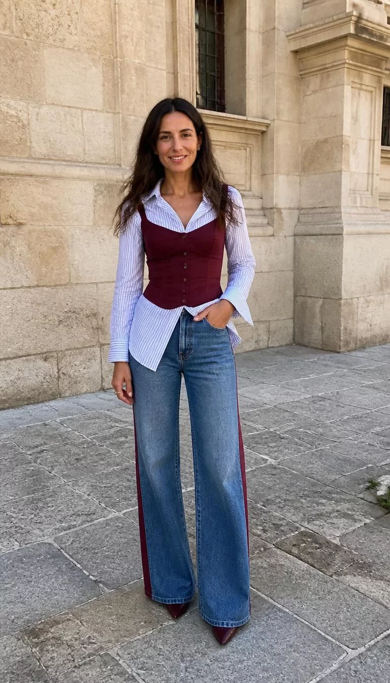Burgundy Corset Top And Side Stripe Jeans A photorealistic full body shot of a 38-year-old Mediterranean woman with a diamond face, fair, aquiline nose, thin arched eyebrows, and thin lips. Her face features gap between front teeth, visible pores, and subtle natural facial asymmetry. She has round dark brown eyes, pronounced cheekbones, closed-mouth smile, cheerful. She is athletic build with brunette wavy layered hair and is wearing a striped button-down under a burgundy corset top, wide-leg jeans featuring side stripes, standing against a classic European-style stone building, no people in the background, high-quality mobile photography, shot on an iPhone 14.