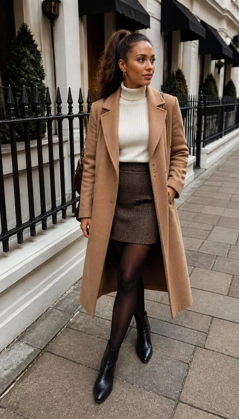White Turtleneck And Camel Coat A photorealistic full body shot of a 33-year-old Afro-Caribbean woman with a oblong face, golden brown, straight nose, thick natural eyebrows, and thin lips. Her face features widow's peak hairline, light freckles, and subtle natural facial asymmetry. She has almond-shaped dark brown eyes, pronounced cheekbones, broad smile, thoughtful. She is slim with brunette hair in a high loose ponytail and is wearing a white turtleneck, brown skirt, camel coat, black stockings, and black boots, stylish urban background, no people in the background, high-quality mobile photography, shot on an iPhone 14.