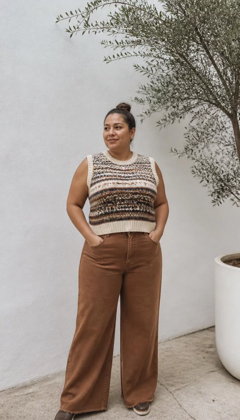 Patterned Sweater Vest and Wide Leg Jeans A photorealistic full body shot of a 42-year-old Latina woman with a round face, golden brown, button nose, thin arched eyebrows, and wide lips. Her face features small scar on the eyebrow, visible pores, and subtle natural facial asymmetry. She has almond-shaped dark brown eyes, rounded cheeks, closed-mouth smile, thoughtful. She is average build with brown hair in a high bun and is wearing a patterned knit sweater vest and wide-leg brown jeans, white wall with an olive tree nearby, no people in the background, high-quality mobile photography, shot on an iPhone 14.