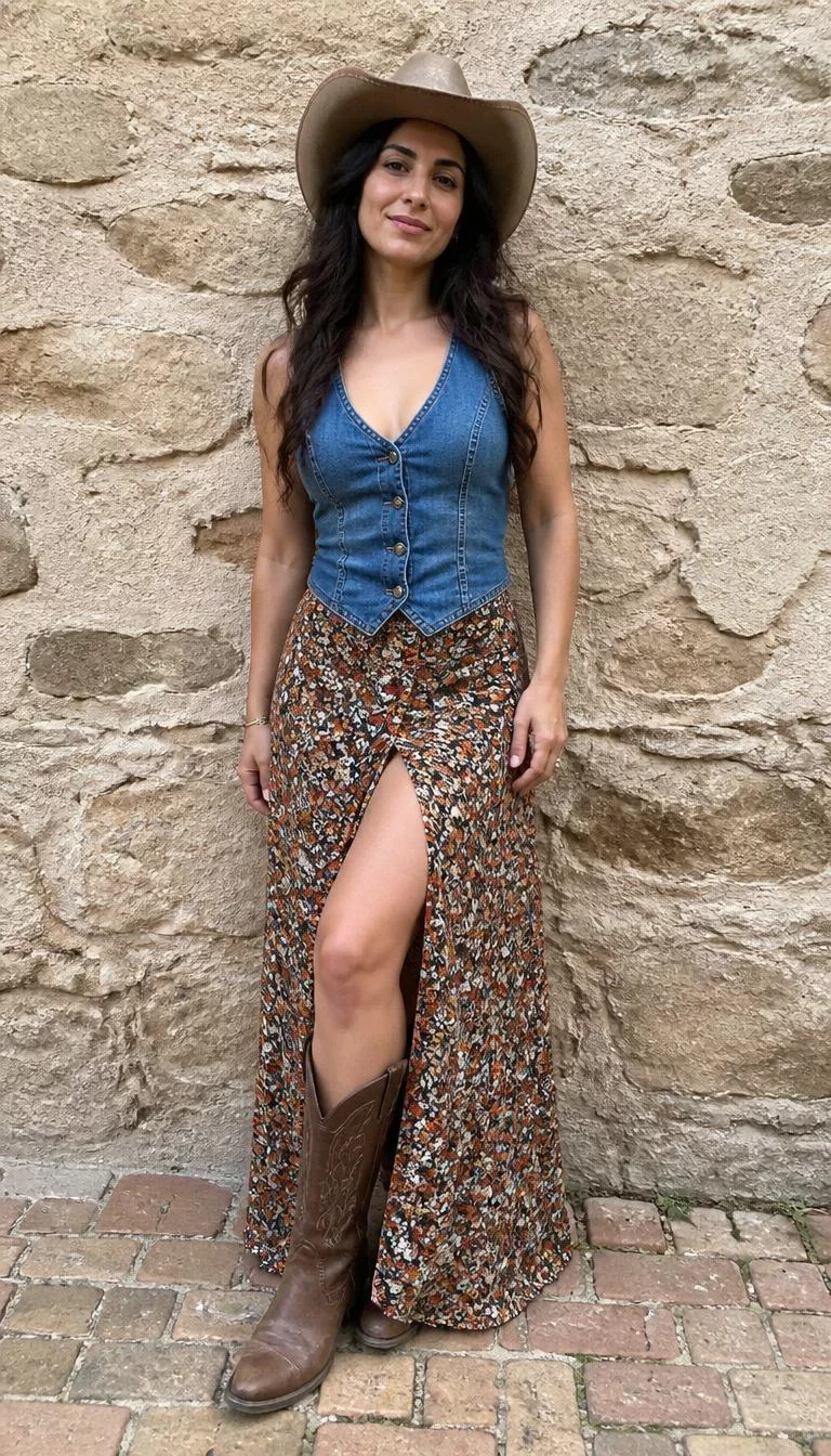Denim Vest and Floral Maxi Skirt A photorealistic full body shot of a 37-year-old Middle Eastern woman with a oblong face, light, upturned nose, softly curved eyebrows, and heart-shaped lips. Her face features uneven eyebrows, a few laugh lines, and subtle natural facial asymmetry. She has hooded dark brown eyes, high cheekbones, closed-mouth smile, relaxed. She is average build with long dark wavy hair and is wearing a denim vest, floral maxi skirt with a high slit, cowboy boots, and a cowboy hat, textured stone wall, no people in the background, high-quality mobile photography, shot on an iPhone 14.