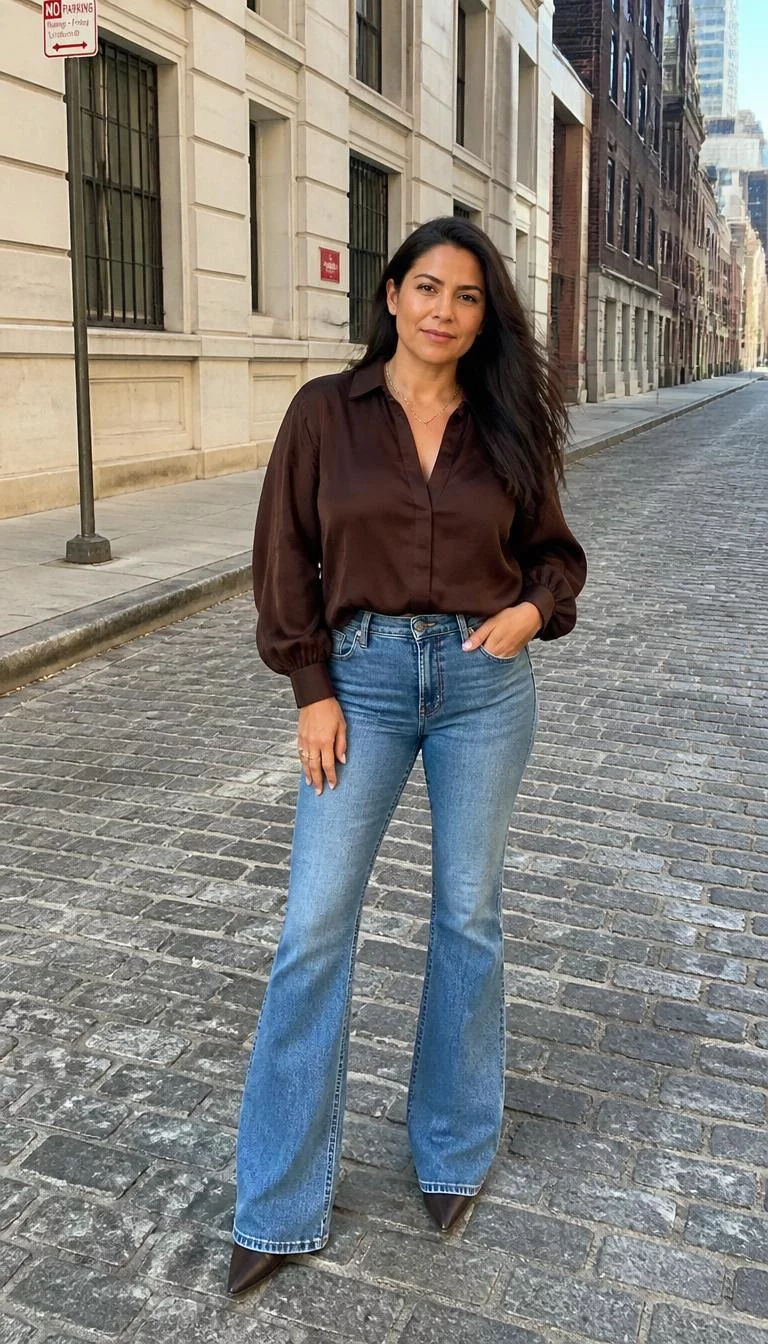 Dark Brown Blouse and Flare Blue Jeans A photorealistic full body shot of a 41-year-old Latina woman with a pear-shaped face, dark brown, aquiline nose, feathered eyebrows, and full lips. Her face features uneven eyebrows, slightly flushed cheeks, and subtle natural facial asymmetry. She has round brown eyes, high cheekbones, neutral expression, playful. She is athletic build with long dark hair and is wearing a loose dark brown blouse tucked into flare blue jeans, paved street near urban buildings, no people in the background, high-quality mobile photography, shot on an iPhone 14.