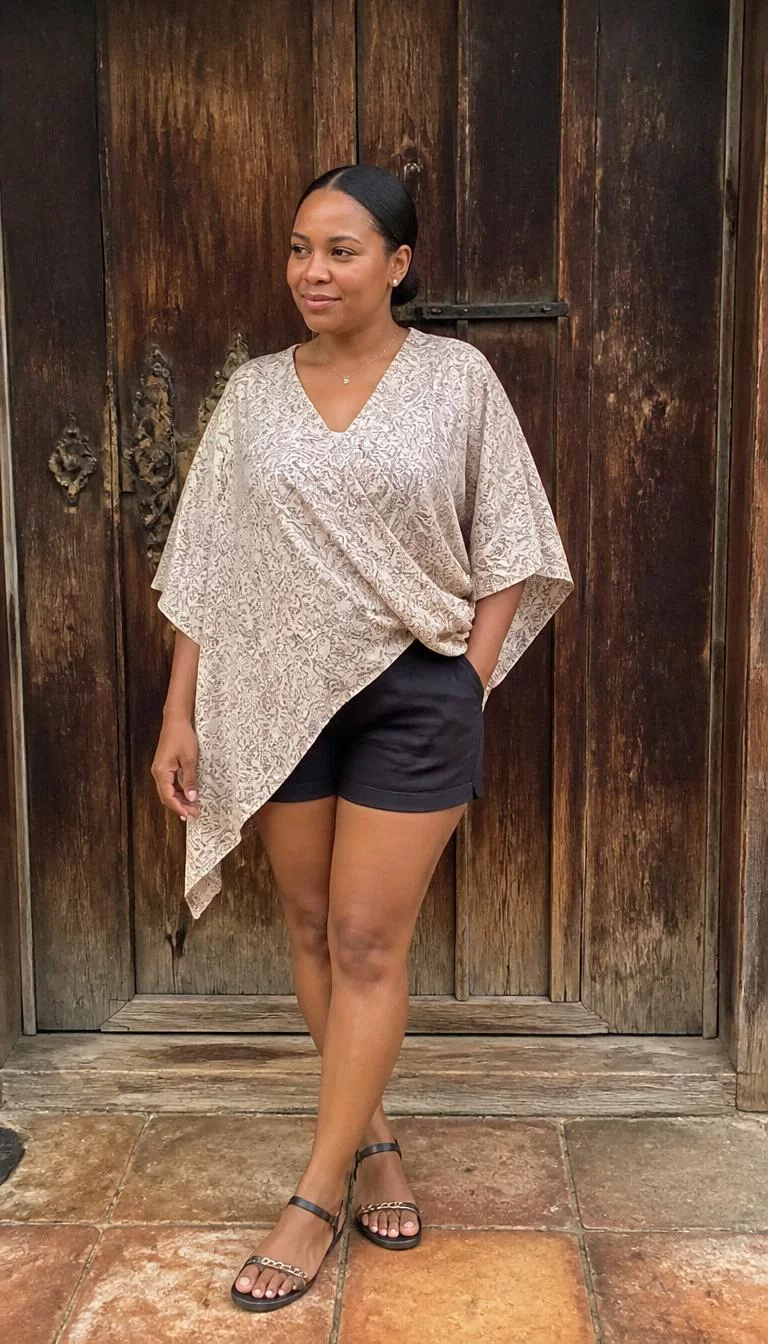 Printed Beige Shawl Top and Dark Shorts A photorealistic full body shot of a 38-year-old Black African woman with a pear-shaped face, fair, button nose, thin arched eyebrows, and heart-shaped lips. Her face features small scar on the eyebrow, faint under-eye shadows, and subtle natural facial asymmetry. She has downturned amber eyes, rounded cheeks, closed-mouth smile, thoughtful. She is petite with dark hair in a sleek low bun and is wearing a printed beige shawl-style top, dark shorts, and strappy sandals, rustic wooden door, no people in the background, high-quality mobile photography, shot on an iPhone 14.