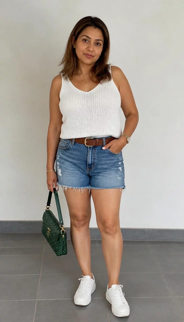 White Knit Vest and Green Handbag A photorealistic full body shot of a 44-year-old South Asian woman with a round face, tan, rounded nose, straight eyebrows, and thin lips. Her face features faint freckles across the nose, visible pores, and subtle natural facial asymmetry. She has almond-shaped brown eyes, rounded cheeks, neutral expression, playful. She is petite with brown hair and is wearing a white knit vest, gold jewelry, a green handbag, denim shorts, a brown belt, and white sneakers, plain background, no people in the background, high-quality mobile photography, shot on an iPhone 14.