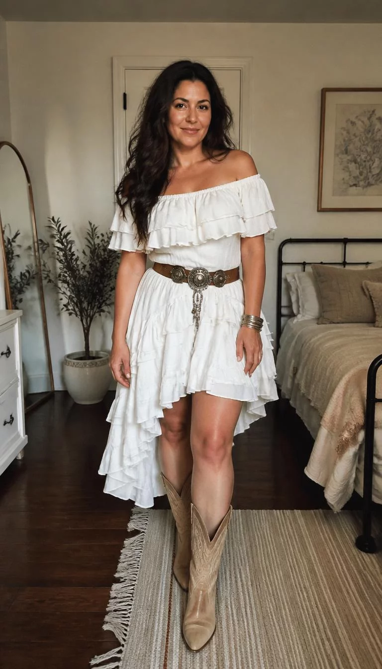 Off the Shoulder Dress and Statement Belt A photorealistic full body shot of a 36-year-old Eastern European woman with a oval face, light, straight nose, thick natural eyebrows, and thin lips. Her face features gap between front teeth, a few laugh lines, and subtle natural facial asymmetry. She has hooded hazel eyes, rounded cheeks, closed-mouth smile, relaxed. She is athletic build with long dark wavy hair and is wearing a white ruffled off-the-shoulder dress, a unique statement belt, and tan boots, bedroom setting, no people in the background, high-quality mobile photography, shot on an iPhone 14.
