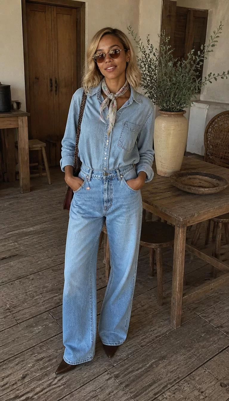 Double Denim with a Neck Scarf A photorealistic full body shot of a 24-year-old Afro-Caribbean woman with a heart-shaped face, light, rounded nose, feathered eyebrows, and thin lips. Her face features gap between front teeth, light freckles, and subtle natural facial asymmetry. She has downturned hazel eyes, soft cheekbones, subtle smile, relaxed. She is athletic build with blonde shoulder-length hair and is wearing a classic light-wash denim shirt tucked into matching wide-leg jeans with a scarf and sunglasses, rustic room, no people in the background, high-quality mobile photography, shot on an iPhone 14.