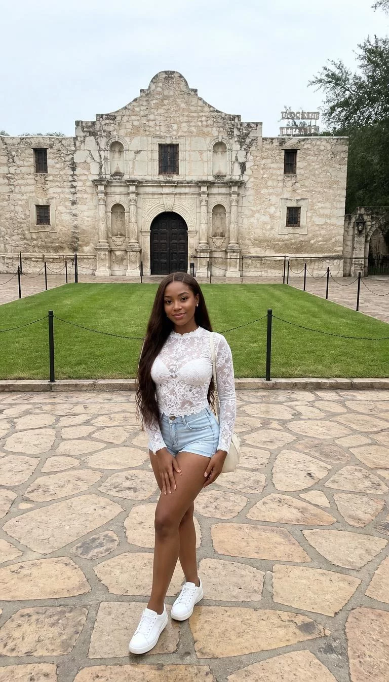 White Lace Top and Light Denim Shorts A photorealistic full body shot of a 23-year-old Black African woman with a pear-shaped face, tan, broad nose, thin arched eyebrows, and heart-shaped lips. Her face features small scar on the eyebrow, visible pores, and subtle natural facial asymmetry. She has monolid green eyes, pronounced cheekbones, subtle smile, playful. She is petite with long wavy dark brown hair and is wearing a white lace long-sleeved top and light denim shorts, in front of the historic Alamo monument, no people in the background, high-quality mobile photography, shot on an iPhone 14.