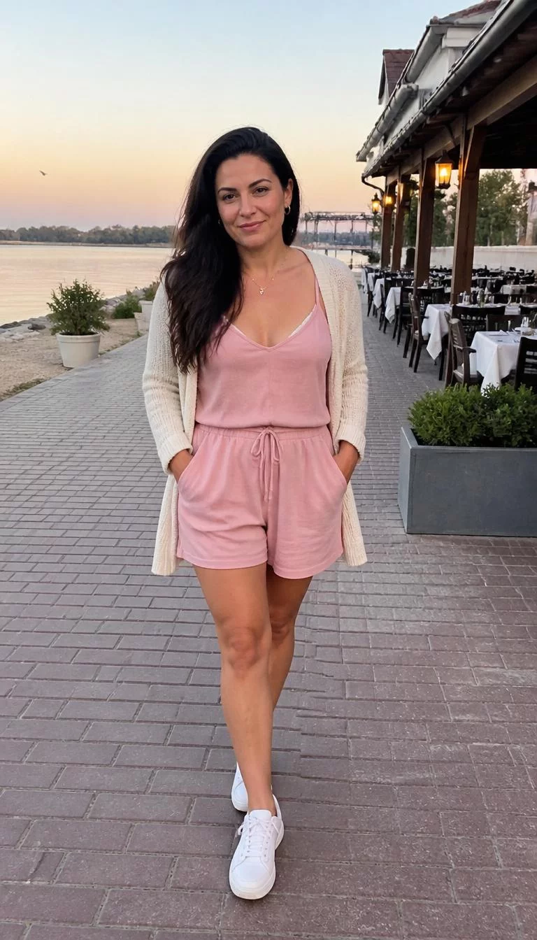 Pink Romper and White Cardigan A photorealistic full body shot of a 40-year-old Southern European woman with a oval face, deep brown, straight nose, thin arched eyebrows, and heart-shaped lips. Her face features widow's peak hairline, slightly flushed cheeks, and subtle natural facial asymmetry. She has downturned gray eyes, high cheekbones, closed-mouth smile, playful. She is average build with long dark hair and is wearing a light pink romper and a cream-colored cardigan with white sneakers, riverfront restaurant, no people in the background, high-quality mobile photography, shot on an iPhone 14.