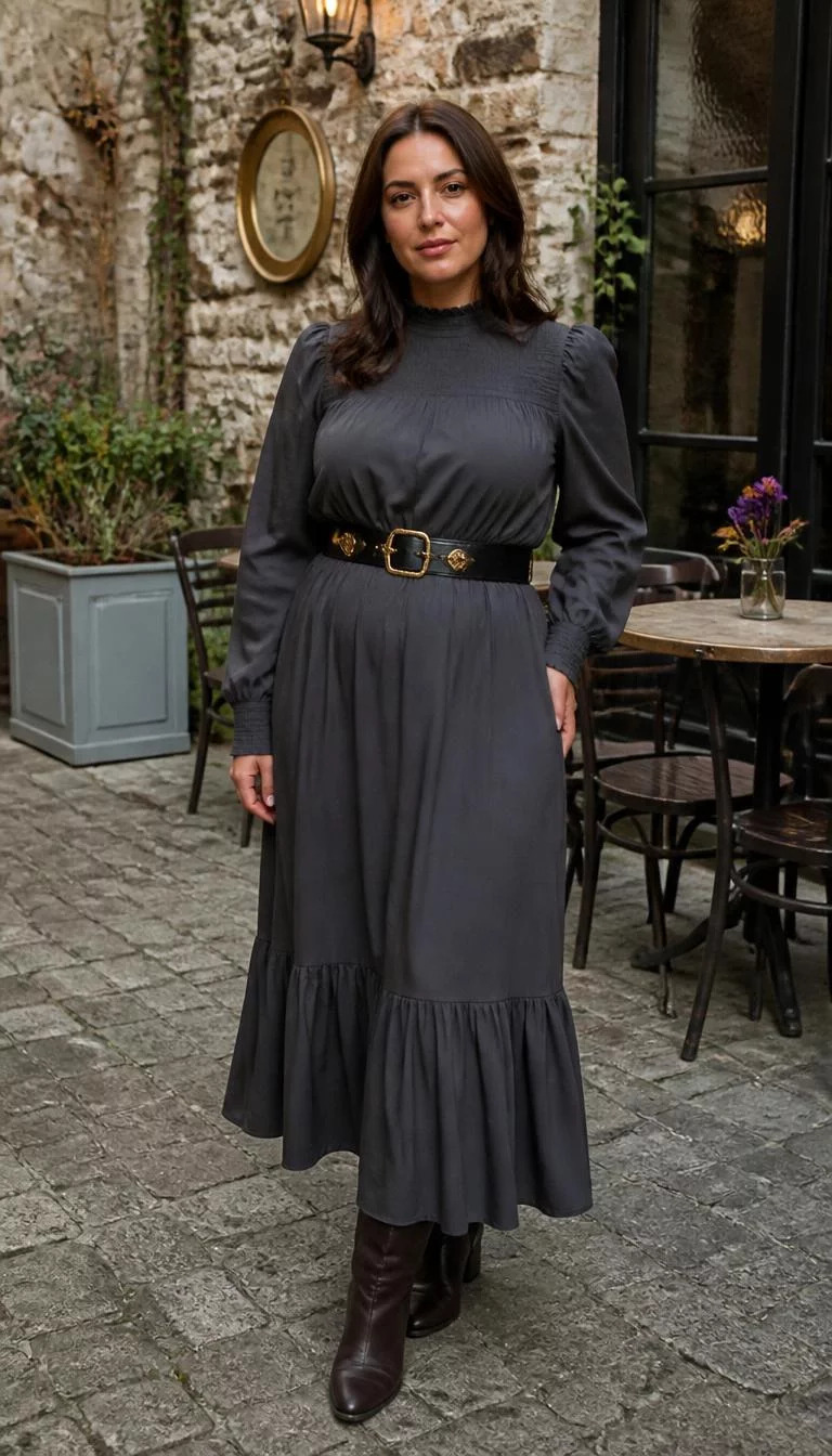 Dark Grey Ruffled Dress and Brown Boots A photorealistic full body shot of a 32-year-old Northern European woman with a oval face, deep brown, aquiline nose, feathered eyebrows, and full lips. Her face features uneven eyebrows, a few laugh lines, and subtle natural facial asymmetry. She has downturned blue eyes, high cheekbones, neutral expression, relaxed. She is curvy build with shoulder-length dark brown hair and is wearing a high-neck dark grey ruffled dress with a statement belt and brown boots, outdoor cafe with stone surroundings, no people in the background, high-quality mobile photography, shot on an iPhone 14.