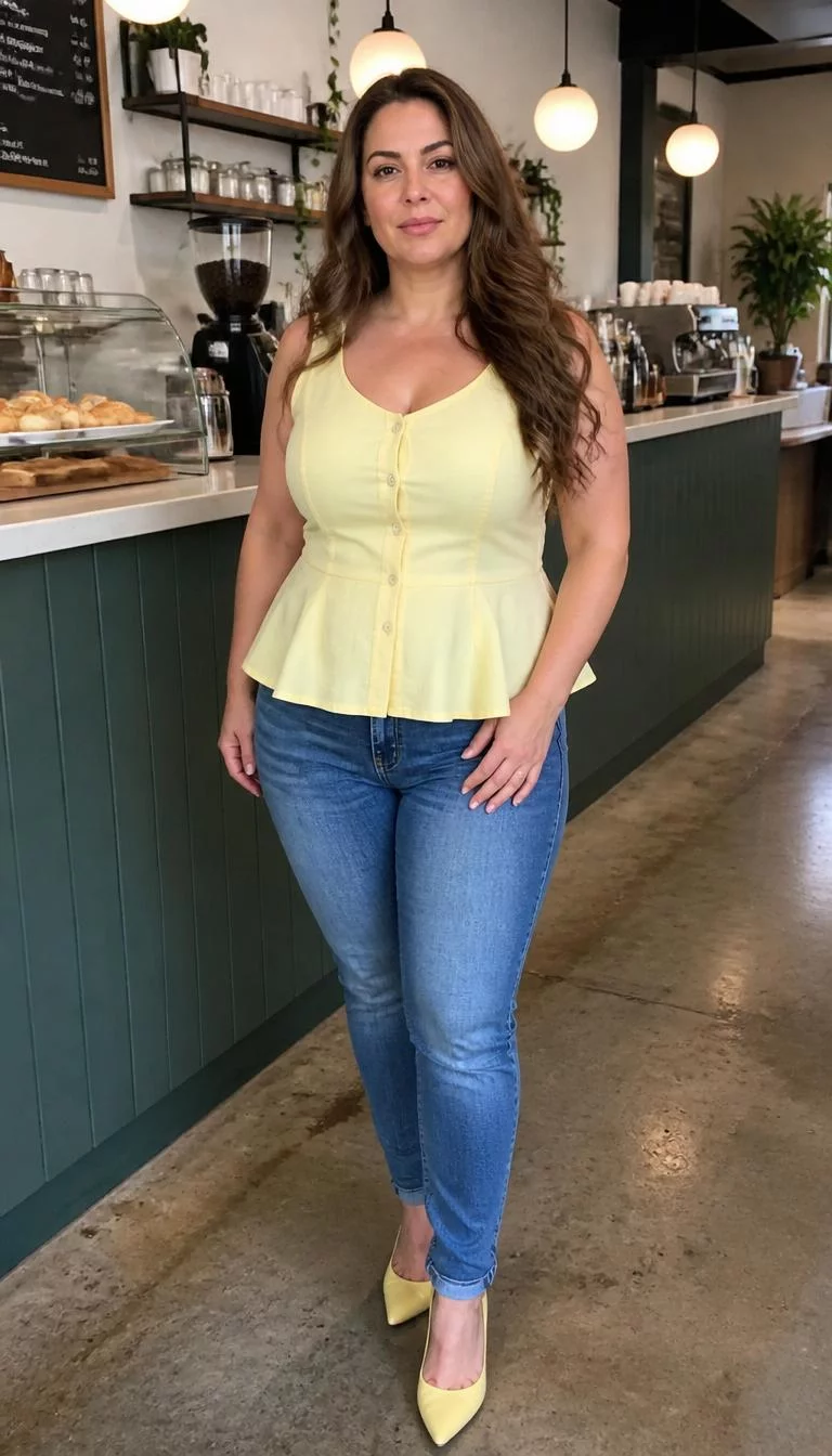 Yellow Peplum Tank and Blue Jeans A photorealistic full body shot of a 45-year-old Mediterranean woman with a heart-shaped face, fair, button nose, feathered eyebrows, and wide lips. Her face features faint freckles across the nose, faint under-eye shadows, and subtle natural facial asymmetry. She has round hazel eyes, high cheekbones, neutral expression, relaxed. She is curvy build with long wavy brown hair and is wearing a pale yellow button-down peplum tank top, blue jeans, and matching yellow heels, bright modern cafe, no people in the background, high-quality mobile photography, shot on an iPhone 14.
