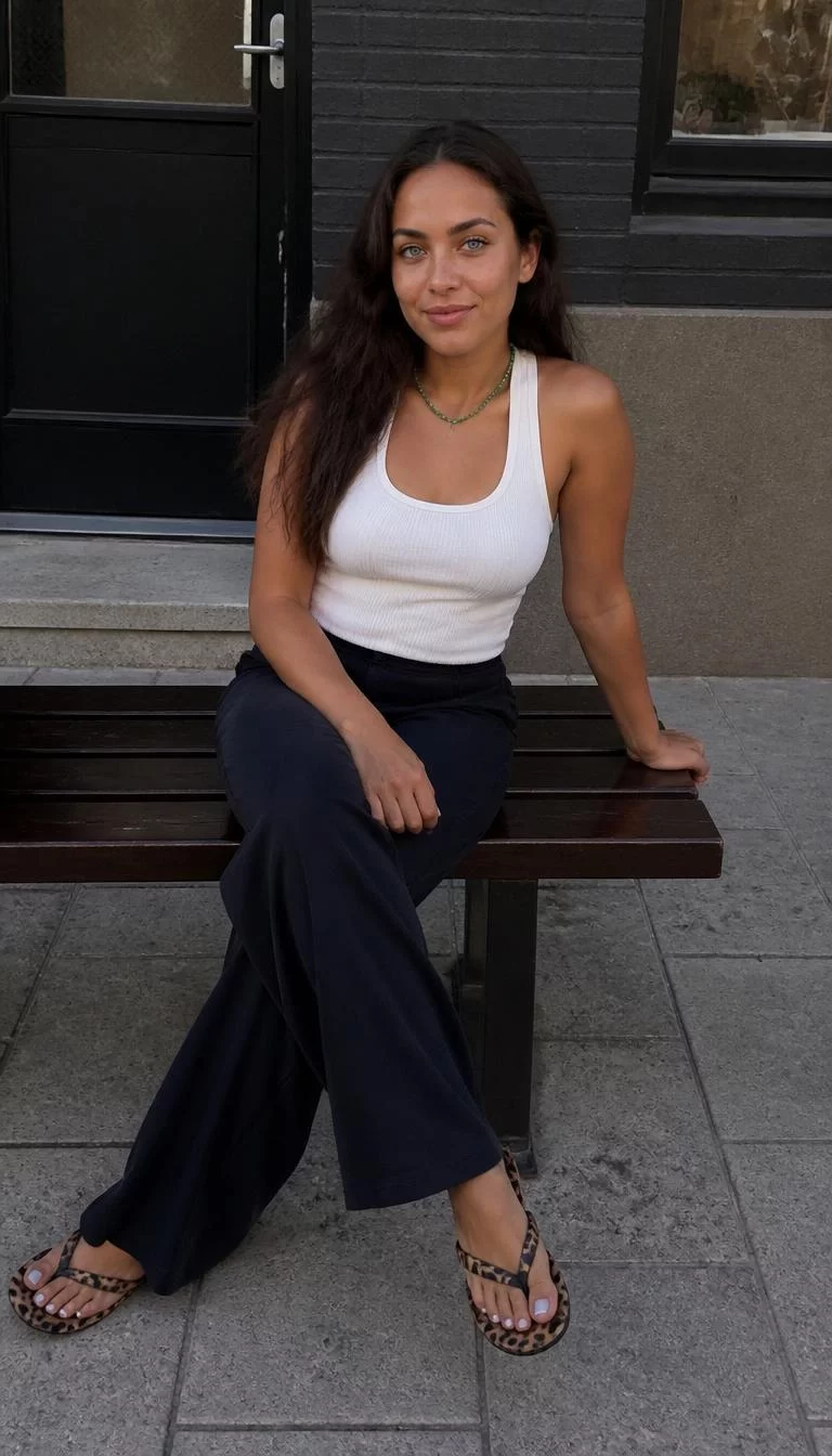 A photorealistic full body shot of a 28-year-old Mixed-race woman with a oval face, tan, button nose, thick natural eyebrows, and thin lips. Her face features widow's peak hairline, a few laugh lines, and subtle natural facial asymmetry. She has deep-set blue eyes, pronounced cheekbones, subtle smile, relaxed. She is curvy build with long brown hair and is wearing a white racerback tank top, dark wide-leg trousers, leopard-print flip-flops, and a green beaded necklace, sitting on a bench in an urban setting, no people in the background, high-quality mobile photography, shot on an iPhone 14.