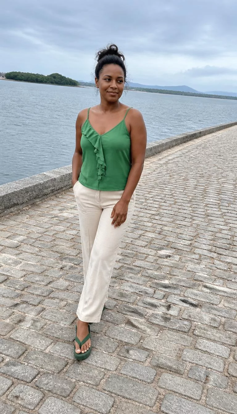A photorealistic full body shot of a 36-year-old Black African woman with a diamond face, olive, straight nose, softly curved eyebrows, and thin lips. Her face features widow's peak hairline, subtle acne marks, and subtle natural facial asymmetry. She has hooded green eyes, high cheekbones, broad smile, thoughtful. She is petite with brunette messy bun hair and is wearing a green ruffle-front camisole, beige trousers, and green platform flip-flops, standing on a cobblestone street near the water, no people in the background, high-quality mobile photography, shot on an iPhone 14.
