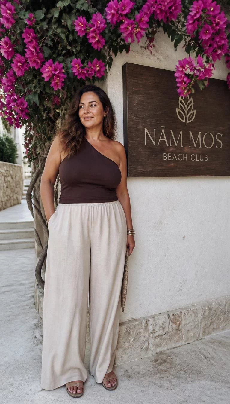 A photorealistic full body shot of a 49-year-old Mediterranean woman with a pear-shaped face, tan, upturned nose, feathered eyebrows, and wide lips. Her face features slightly crooked smile, faint under-eye shadows, and subtle natural facial asymmetry. She has hooded blue eyes, rounded cheeks, subtle smile, confident. She is curvy build with long wavy brown hair and is wearing a dark brown one-shoulder top, cream wide-leg trousers, and sandals, standing near a beach club sign adorned with pink bougainvillea, no people in the background, high-quality mobile photography, shot on an iPhone 14.