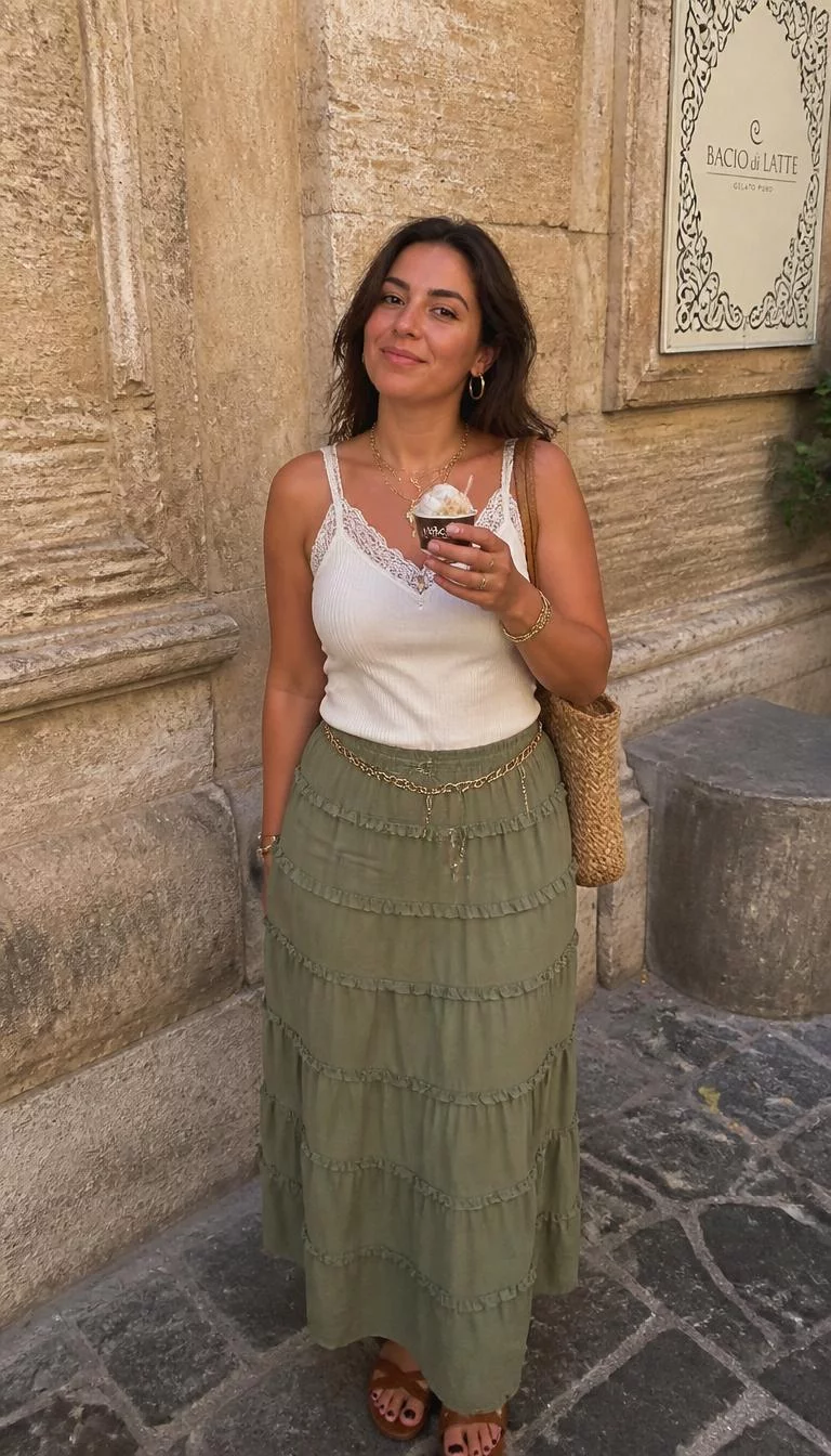 A photorealistic full body shot of a 37-year-old Mediterranean woman with a round face, deep brown, upturned nose, thick natural eyebrows, and wide lips. Her face features uneven eyebrows, slightly flushed cheeks, and subtle natural facial asymmetry. She has monolid dark brown eyes, high cheekbones, closed-mouth smile, confident. She is petite with brunette hair and is wearing a white lace-trimmed camisole and a long, tiered olive green skirt with a gold chain belt, eating gelato in front of a rustic, textured stone building, no people in the background, high-quality mobile photography, shot on an iPhone 14.