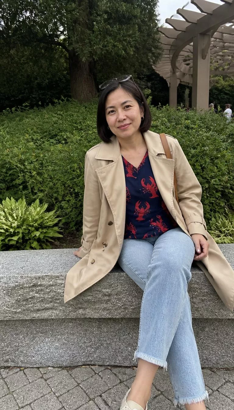 A photorealistic full body shot of a 44-year-old Southeast Asian woman with a oval face, dark brown, aquiline nose, softly curved eyebrows, and full lips. Her face features uneven eyebrows, light freckles, and subtle natural facial asymmetry. She has downturned hazel eyes, pronounced cheekbones, closed-mouth smile, cheerful. She is petite with dark short hair hair and is wearing a beige trench coat over a blue lobster-print top and light wash jeans, posing on a stone bench, everyday social media post aesthetic, high-quality mobile photography, shot on an iPhone 14.