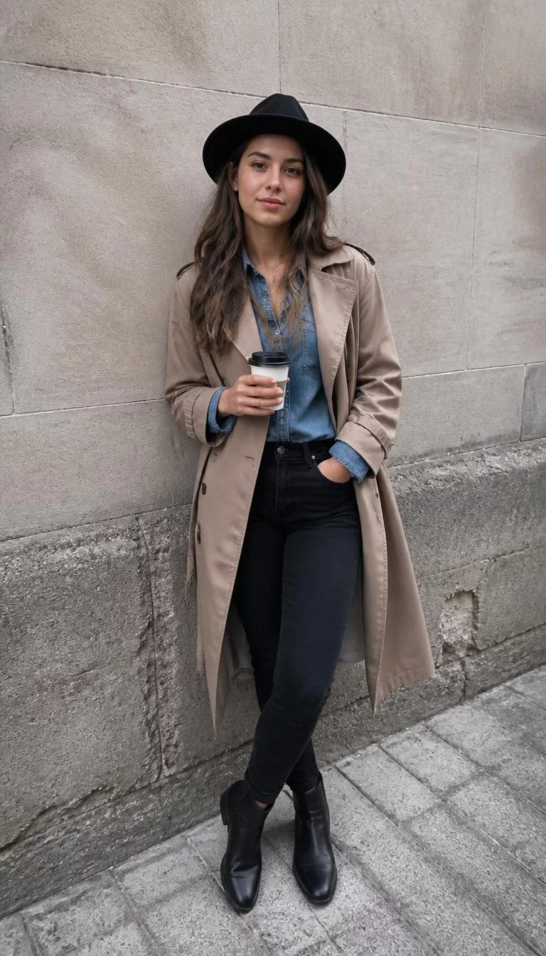 A photorealistic full body shot of a 24-year-old Mediterranean woman with a oval face, light, button nose, thin arched eyebrows, and heart-shaped lips. Her face features uneven eyebrows, slightly flushed cheeks, and subtle natural facial asymmetry. She has round brown eyes, rounded cheeks, neutral expression, confident. She is slim with brown long wavy hair hair and is wearing a denim shirt, tan trench coat, black jeans, black boots, and a black fedora, holding coffee against an urban wall, everyday social media post aesthetic, high-quality mobile photography, shot on an iPhone 14.