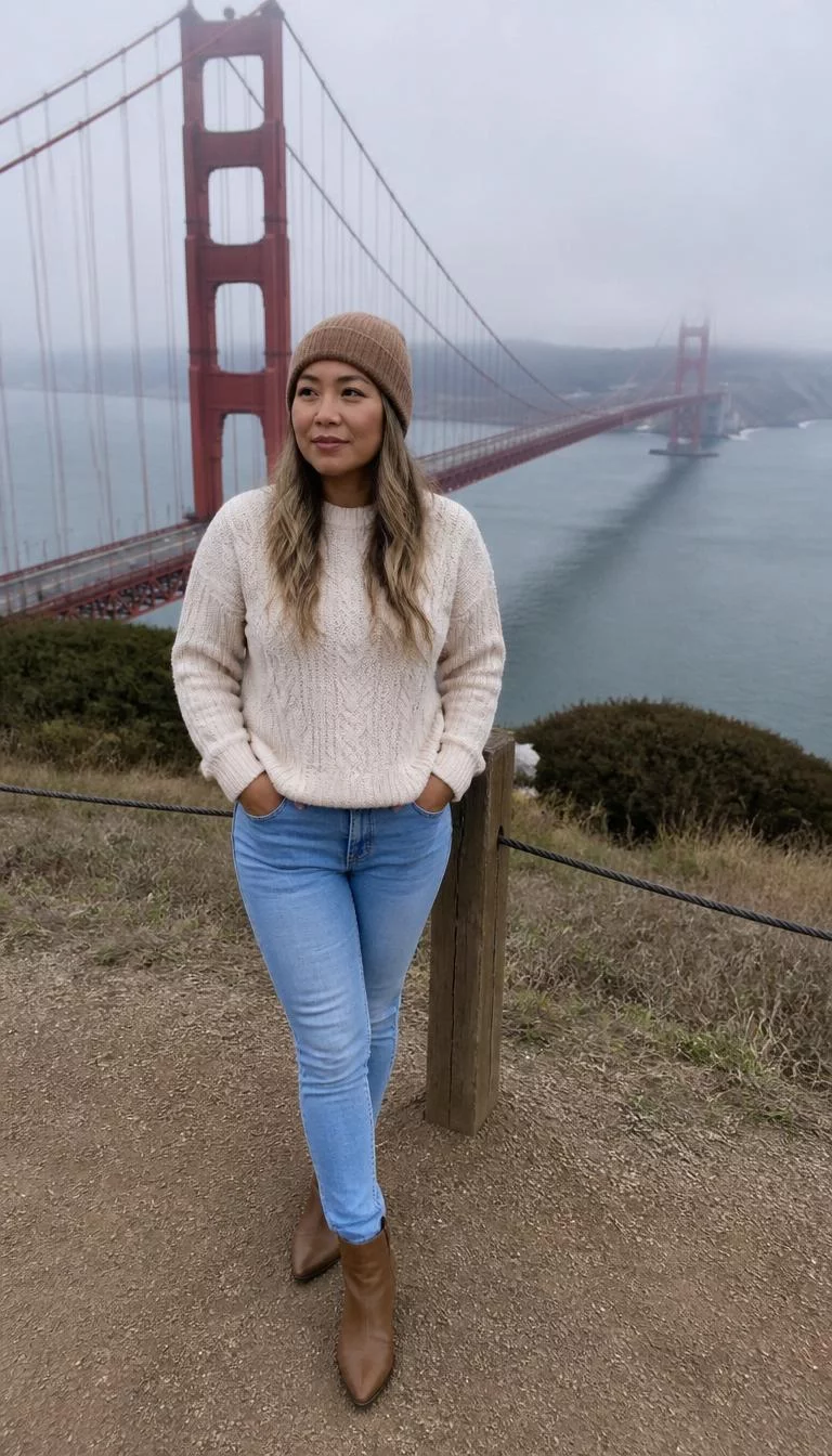 A photorealistic full body shot of a 43-year-old Southeast Asian woman with a round face, golden brown, straight nose, thick natural eyebrows, and wide lips. Her face features slightly crooked smile, slightly flushed cheeks, and subtle natural facial asymmetry. She has monolid dark brown eyes, rounded cheeks, neutral expression, thoughtful. She is athletic build with various blonde and brown hair styled with beanies hair and is wearing sweaters, jeans, and ankle boots, posing before the Golden Gate Bridge, everyday social media post aesthetic, high-quality mobile photography, shot on an iPhone 14.
