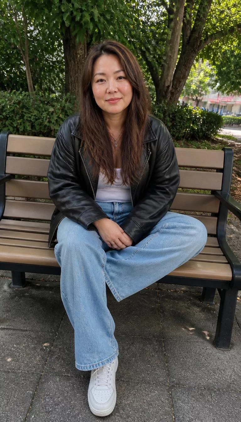A photorealistic full body shot of a 40-year-old East Asian woman with a round face, fair, rounded nose, thin arched eyebrows, and full lips. Her face features faint freckles across the nose, faint under-eye shadows, and subtle natural facial asymmetry. She has downturned gray eyes, rounded cheeks, neutral expression, cheerful. She is curvy build with chestnut brown long hair hair and is wearing a black leather jacket over a white top and oversized light blue jeans with white sneakers, sitting on a park bench, everyday social media post aesthetic, high-quality mobile photography, shot on an iPhone 14.