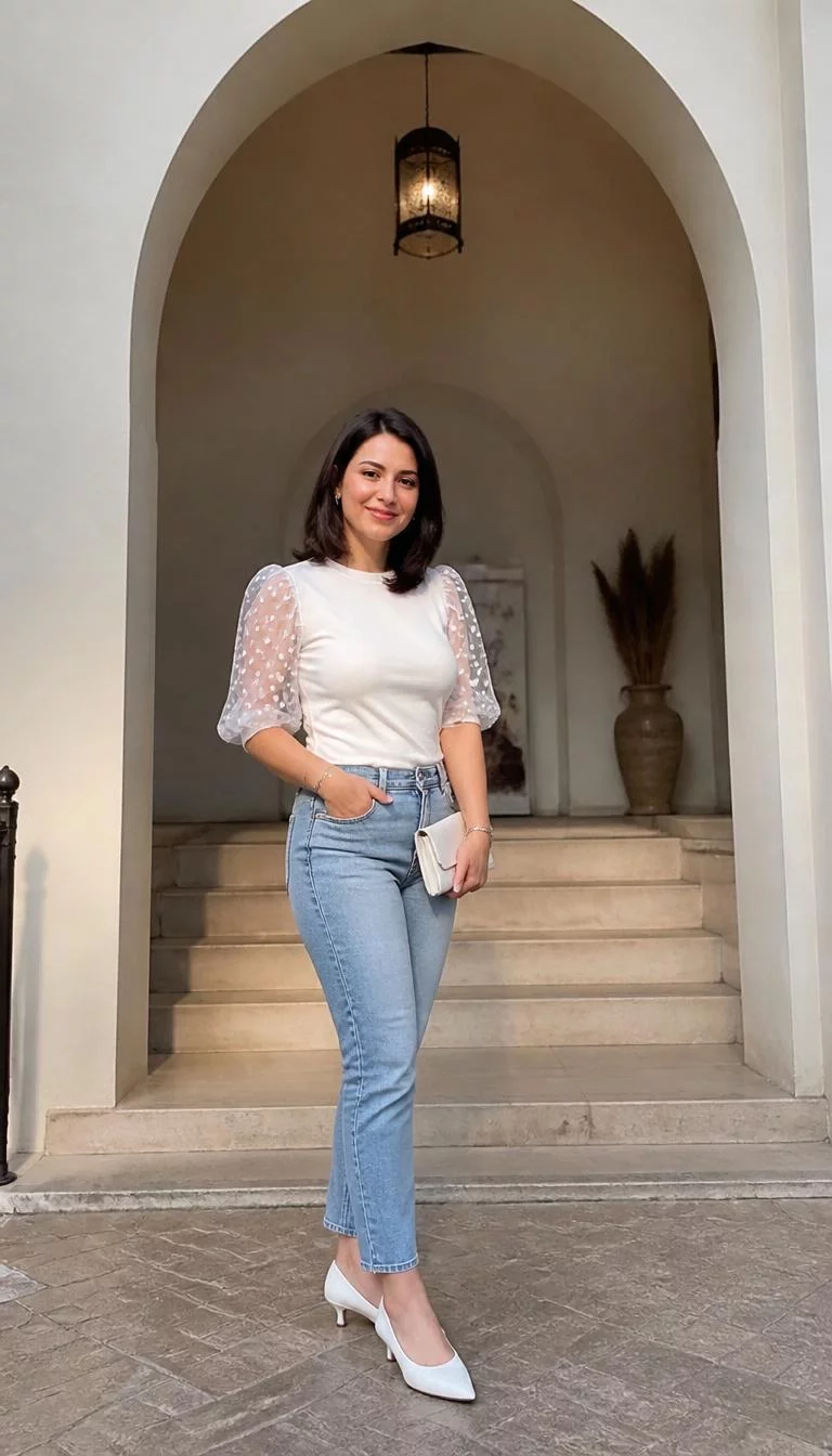 A photorealistic full body shot of a 34-year-old Middle Eastern woman with a round face, dark brown, upturned nose, straight eyebrows, and thin lips. Her face features slightly crooked smile, slightly flushed cheeks, and subtle natural facial asymmetry. She has upturned hazel eyes, pronounced cheekbones, broad smile, cheerful. She is petite with dark shoulder-length hair hair and is wearing a white top with sheer polka-dot sleeves, light blue jeans, and white kitten heels, in front of an architectural archway, everyday social media post aesthetic, high-quality mobile photography, shot on an iPhone 14.