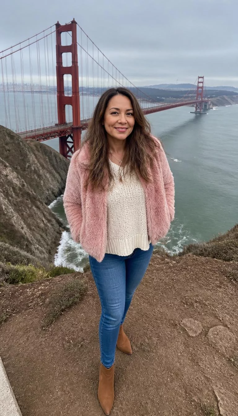 A photorealistic full body shot of a 48-year-old Mixed-race woman with a round face, fair, narrow nose, feathered eyebrows, and heart-shaped lips. Her face features dimples, visible pores, and subtle natural facial asymmetry. She has deep-set gray eyes, high cheekbones, subtle smile, playful. She is petite with long brown hair hair and is wearing a pink faux fur sweater and cream knit sweater with blue jeans and ankle boots, on a hillside overlooking the Golden Gate Bridge, everyday social media post aesthetic, high-quality mobile photography, shot on an iPhone 14.