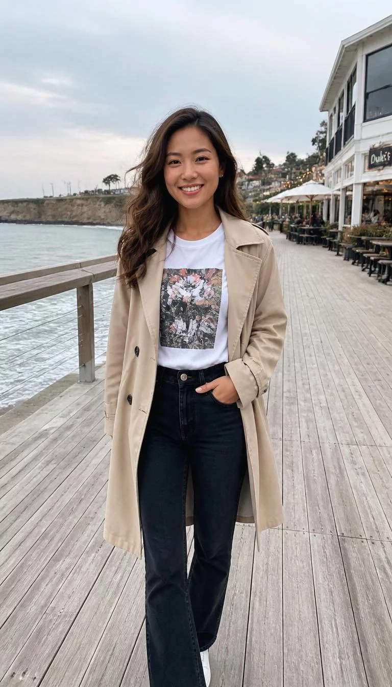 A photorealistic full body shot of a 42-year-old East Asian woman with a heart-shaped face, light, button nose, thick natural eyebrows, and wide lips. Her face features gap between front teeth, slightly flushed cheeks, and subtle natural facial asymmetry. She has almond-shaped gray eyes, high cheekbones, broad smile, relaxed. She is athletic build with brown long wavy hair and is wearing a beige coat, white graphic t-shirt, and dark jeans, by a seaside boardwalk, everyday social media post aesthetic, high-quality mobile photography, shot on an iPhone 14.