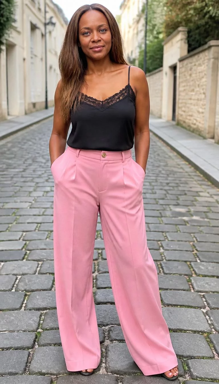Black Lace Camisole And Pink Wide Leg Trousers A photorealistic full body shot of a 41-year-old Black African woman with a oblong face, tan, narrow nose, straight eyebrows, and wide lips. Her face features slightly crooked smile, slightly flushed cheeks, and subtle natural facial asymmetry. She has deep-set blue eyes, rounded cheeks, neutral expression, cheerful. She is slim with long highlighted brown hair and is wearing a black lace-trimmed camisole and pink wide-leg trousers, on a cobblestone street, no people in the background, high-quality mobile photography, shot on an iPhone 14.