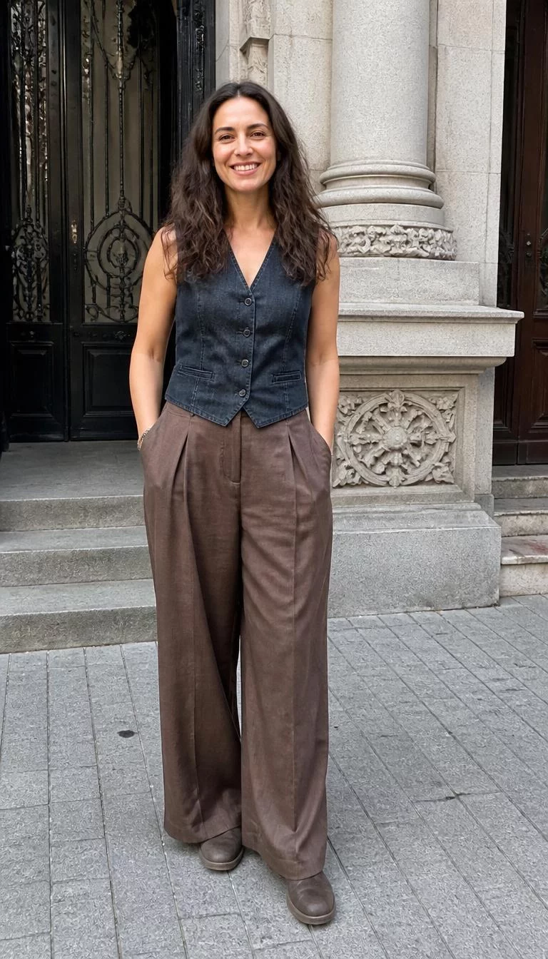 Dark Denim Vest And Brown Dress Trousers A photorealistic full body shot of a 34-year-old Eastern European woman with a heart-shaped face, light, aquiline nose, straight eyebrows, and wide lips. Her face features faint freckles across the nose, a few laugh lines, and subtle natural facial asymmetry. She has round amber eyes, rounded cheeks, broad smile, cheerful. She is average build with dark brown wavy hair and is wearing a dark denim vest and brown wide-leg dress trousers, standing outside a stone building entrance, no people in the background, high-quality mobile photography, shot on an iPhone 14.