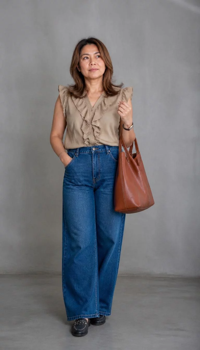 Ruffled Beige Top and Blue Wide Leg Jeans A photorealistic full body shot of a 45-year-old Southeast Asian woman with a heart-shaped face, olive, rounded nose, feathered eyebrows, and thin lips. Her face features dimples, subtle acne marks, and subtle natural facial asymmetry. She has upturned green eyes, rounded cheeks, neutral expression, thoughtful. She is average build with brown hair and is wearing a ruffled beige top, blue wide-leg jeans, studded black slip-on shoes, and she carries a brown leather tote, gray background, no people in the background, high-quality mobile photography, shot on an iPhone 14.