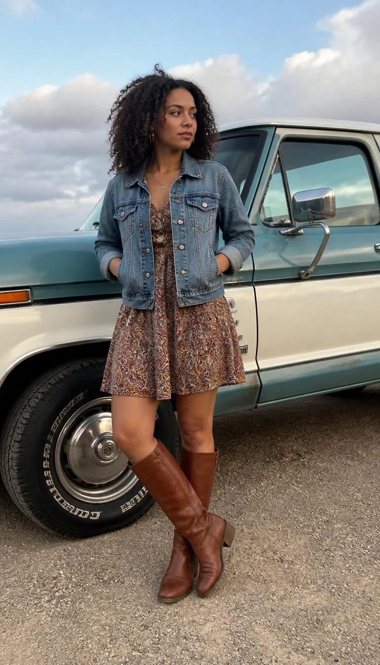 Paisley Patterned Mini Dress And Denim Jacket A photorealistic full body shot of a 34-year-old Mixed-race woman with a oblong face, light, broad nose, straight eyebrows, and full lips. Her face features slightly crooked smile, a few laugh lines, and subtle natural facial asymmetry. She has round brown eyes, high cheekbones, subtle smile, thoughtful. She is average build with dark brown natural hair and is wearing a paisley patterned mini dress, a light denim jacket, and brown knee-high boots beside a vintage truck, no people in the background, high-quality mobile photography, shot on an iPhone 14.