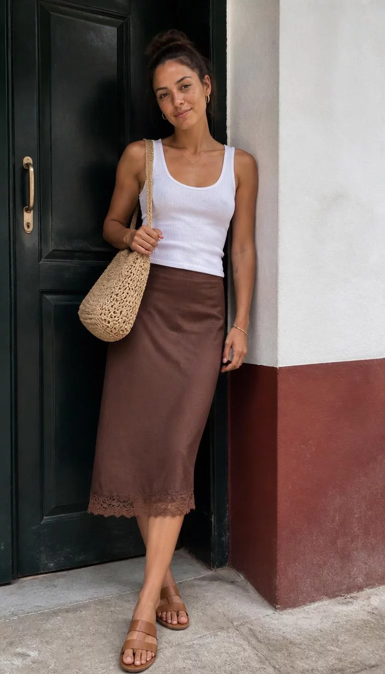 White Tank Top And Brown Midi Skirt With Lace Hem A photorealistic full body shot of a 32-year-old Mixed-race woman with a square face, golden brown, upturned nose, straight eyebrows, and thin lips. Her face features small scar on the eyebrow, light freckles, and subtle natural facial asymmetry. She has downturned brown eyes, soft cheekbones, subtle smile, playful. She is slim with brown messy bun hair and is wearing a basic white tank top, a brown midi skirt with a lace hem, and a straw bag, near a doorway, no people in the background, high-quality mobile photography, shot on an iPhone 14.