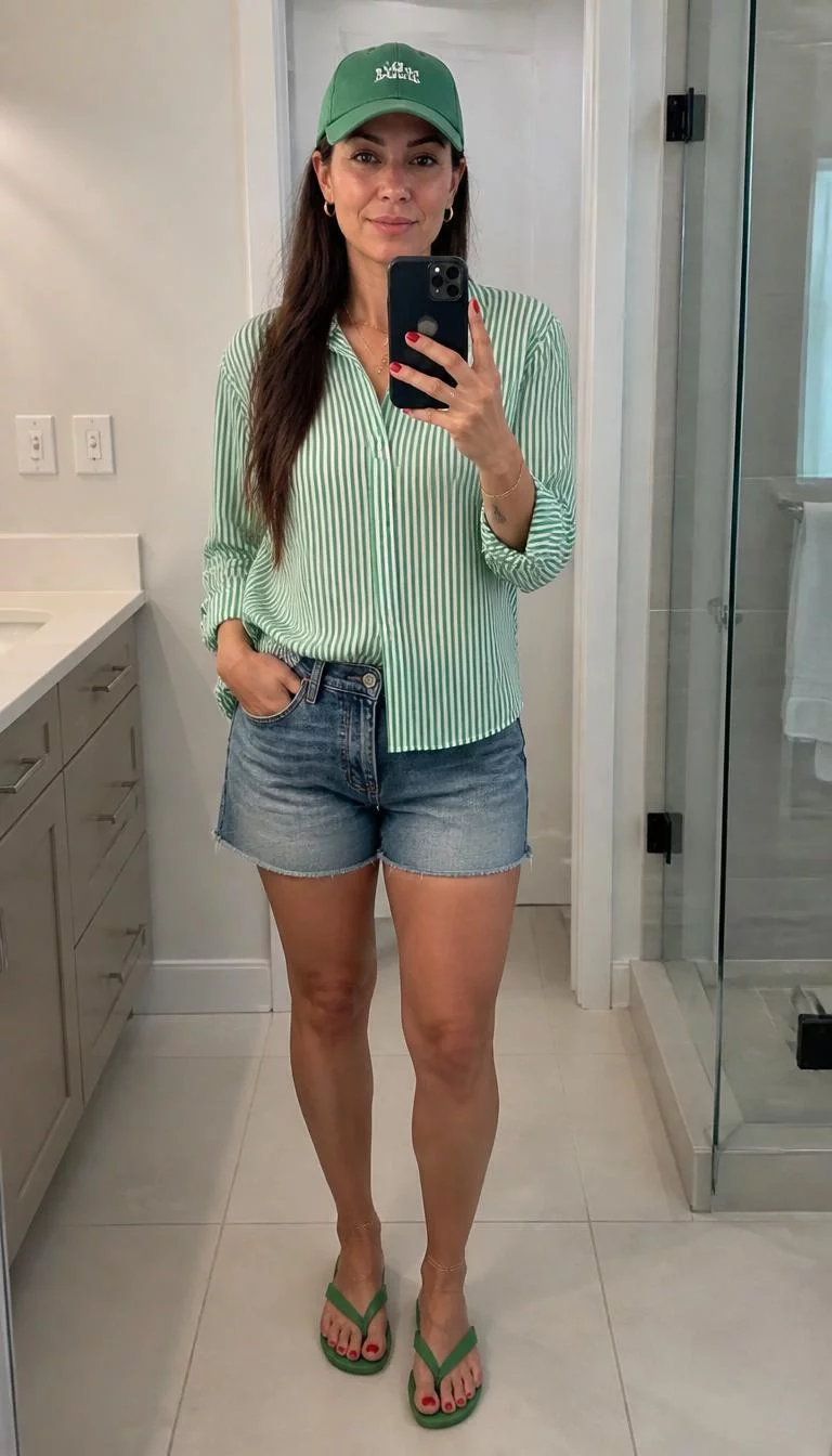 Striped Button-Down And Denim Shorts A photorealistic full body shot of a 40-year-old Latina woman with a diamond face, light, aquiline nose, thick natural eyebrows, and wide lips. Her face features widow's peak hairline, faint under-eye shadows, and subtle natural facial asymmetry. She has almond-shaped blue eyes, pronounced cheekbones, subtle smile, thoughtful. She is athletic build with long brown hairstyle hair and is wearing a green and white striped button-down shirt, denim shorts, and green sandals, she wears a green cap, in a bathroom, no people in the background, high-quality mobile photography, shot on an iPhone 14.