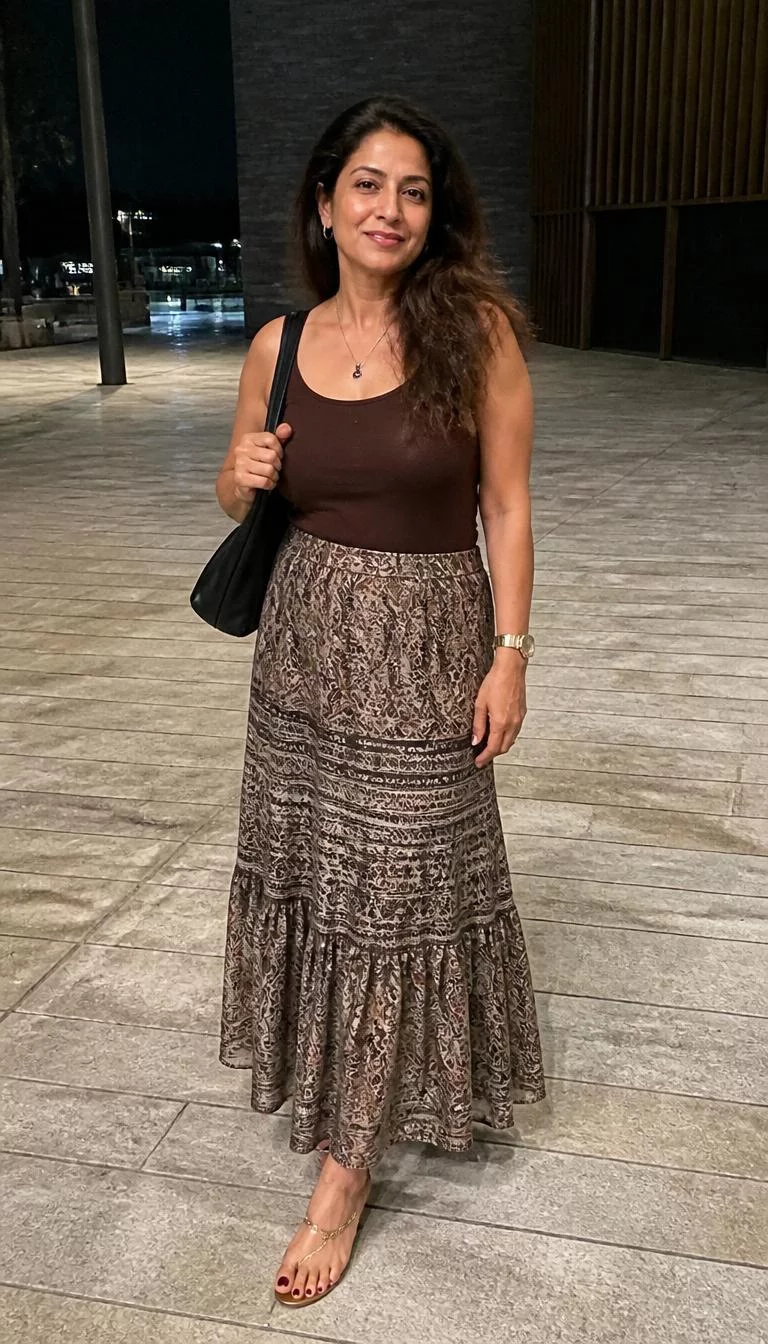 Brown Tank Top And Patterned Maxi Skirt A photorealistic full body shot of a 49-year-old South Asian woman with a oblong face, light, upturned nose, thin arched eyebrows, and full lips. Her face features uneven eyebrows, slightly flushed cheeks, and subtle natural facial asymmetry. She has almond-shaped amber eyes, high cheekbones, broad smile, confident. She is petite with brown loose hairstyle hair and is wearing a brown tank top and patterned maxi skirt, she carries a black bag, nighttime paved area, no people in the background, high-quality mobile photography, shot on an iPhone 14.
