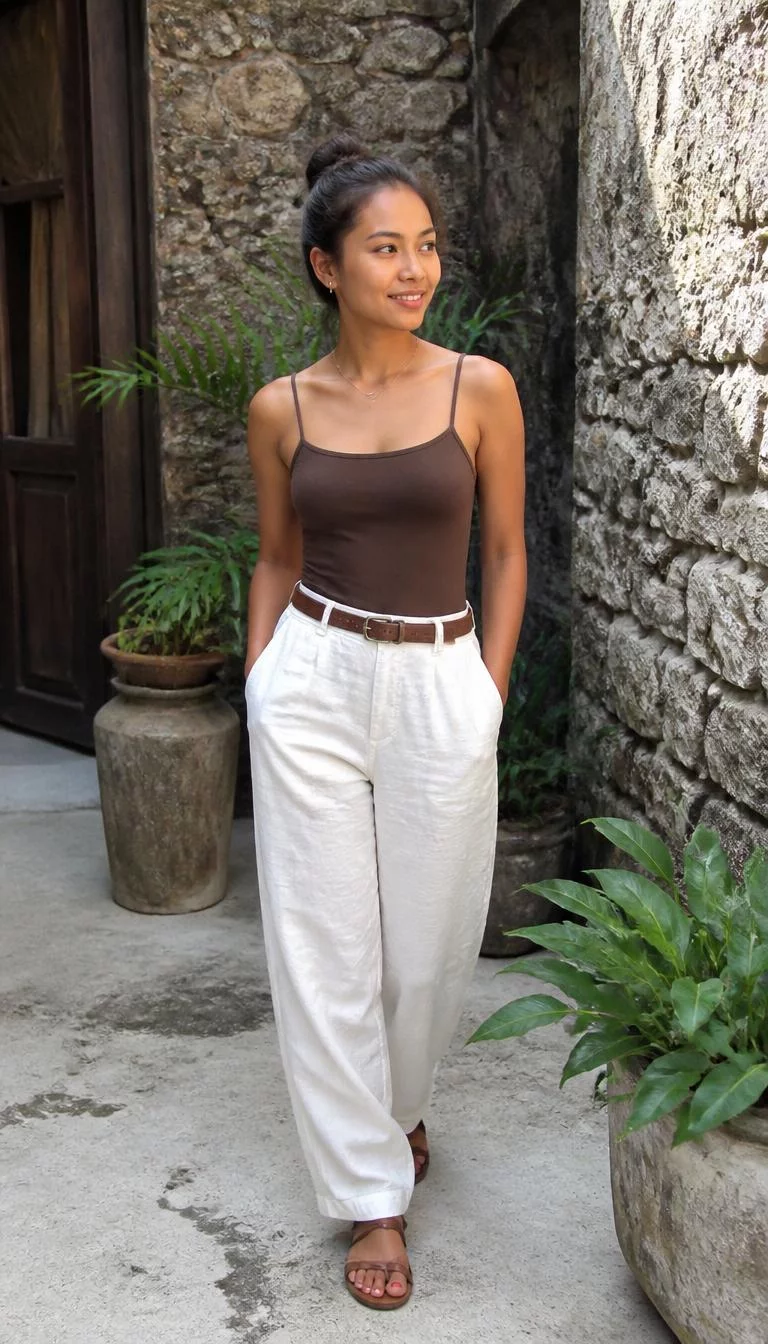 Brown Tank Top And White Linen Pants A photorealistic full body shot of a 26-year-old Southeast Asian woman with a pear-shaped face, dark brown, button nose, straight eyebrows, and heart-shaped lips. Her face features uneven eyebrows, light freckles, and subtle natural facial asymmetry. She has downturned hazel eyes, pronounced cheekbones, broad smile, thoughtful. She is athletic build with brown hair in a bun hair and is wearing a brown tank top, white linen pants with a brown belt, and sandals, stone-walled courtyard with plants, no people in the background, high-quality mobile photography, shot on an iPhone 14.