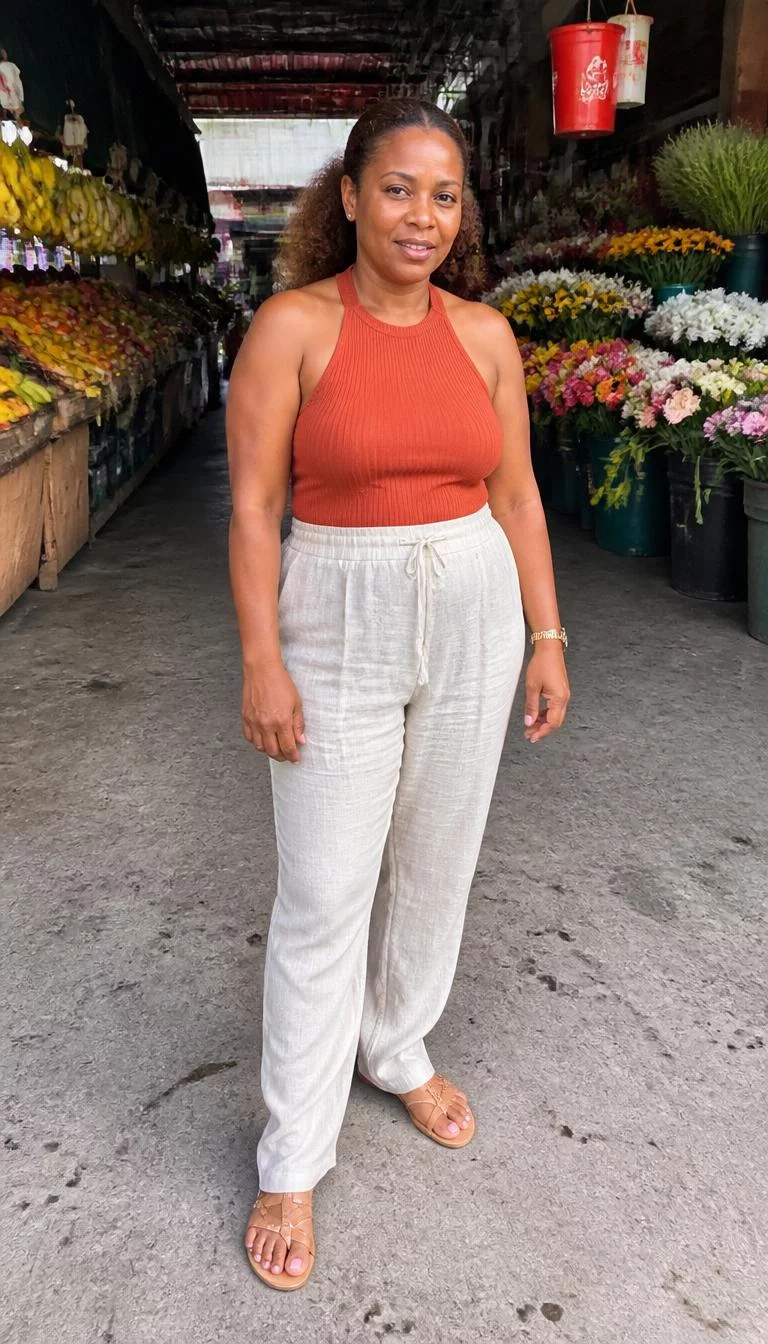 Rust Ribbed Halter And Light Linen Trousers A photorealistic full body shot of a 45-year-old Afro-Caribbean woman with a round face, light, broad nose, thick natural eyebrows, and thin lips. Her face features gap between front teeth, faint under-eye shadows, and subtle natural facial asymmetry. She has upturned gray eyes, rounded cheeks, neutral expression, relaxed. She is petite with brown hair in a ponytail hair and is wearing a rust-colored ribbed halter top, light linen trousers, and sandals, in a market among fruit and flower stalls, no people in the background, high-quality mobile photography, shot on an iPhone 14.