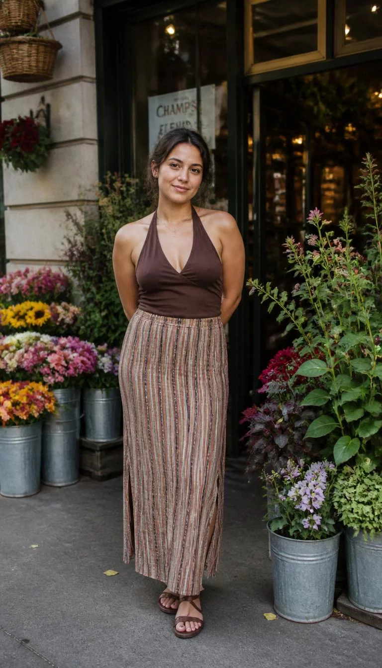Brown Halter Top And Long Striped Skirt A photorealistic full body shot of a 26-year-old Eastern European woman with a square face, dark brown, broad nose, softly curved eyebrows, and wide lips. Her face features uneven eyebrows, faint under-eye shadows, and subtle natural facial asymmetry. She has downturned blue eyes, rounded cheeks, subtle smile, confident. She is average build with dark hair hair and is wearing a brown halter top and a long striped skirt, in front of a storefront decorated with numerous buckets of flowers, no people in the background, high-quality mobile photography, shot on an iPhone 14.