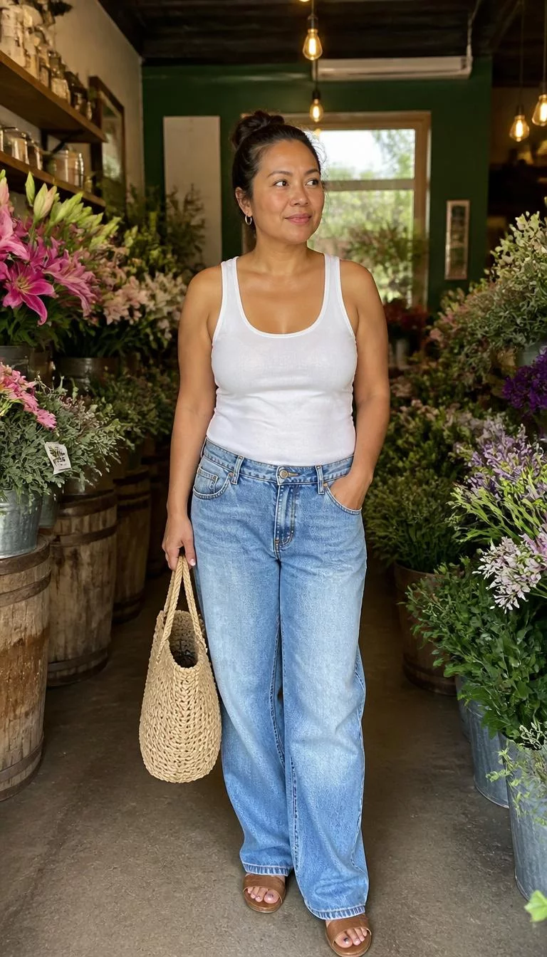 White Tank Top And Loose Denim Jeans A photorealistic full body shot of a 39-year-old Southeast Asian woman with a round face, deep brown, button nose, feathered eyebrows, and wide lips. Her face features widow's peak hairline, visible pores, and subtle natural facial asymmetry. She has upturned blue eyes, pronounced cheekbones, broad smile, thoughtful. She is curvy build with brown hair in a messy bun hair and is wearing a white tank top, loose denim jeans, and brown sandals, carrying a straw bag in a flower shop, no people in the background, high-quality mobile photography, shot on an iPhone 14.