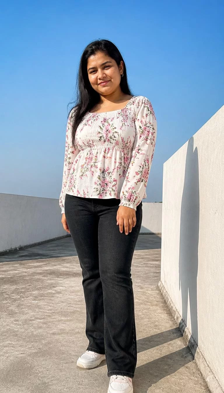 Floral Top And Blue Sky Background A photorealistic full body shot of a 33-year-old South Asian woman with a round face, olive, rounded nose, thin arched eyebrows, and full lips. Her face features faint freckles across the nose, visible pores, and subtle natural facial asymmetry. She has round gray eyes, pronounced cheekbones, broad smile, relaxed. She is average build with dark-haired hairstyle hair and is wearing a floral top, posing against a blue sky, no people in the background, high-quality mobile photography, shot on an iPhone 14.